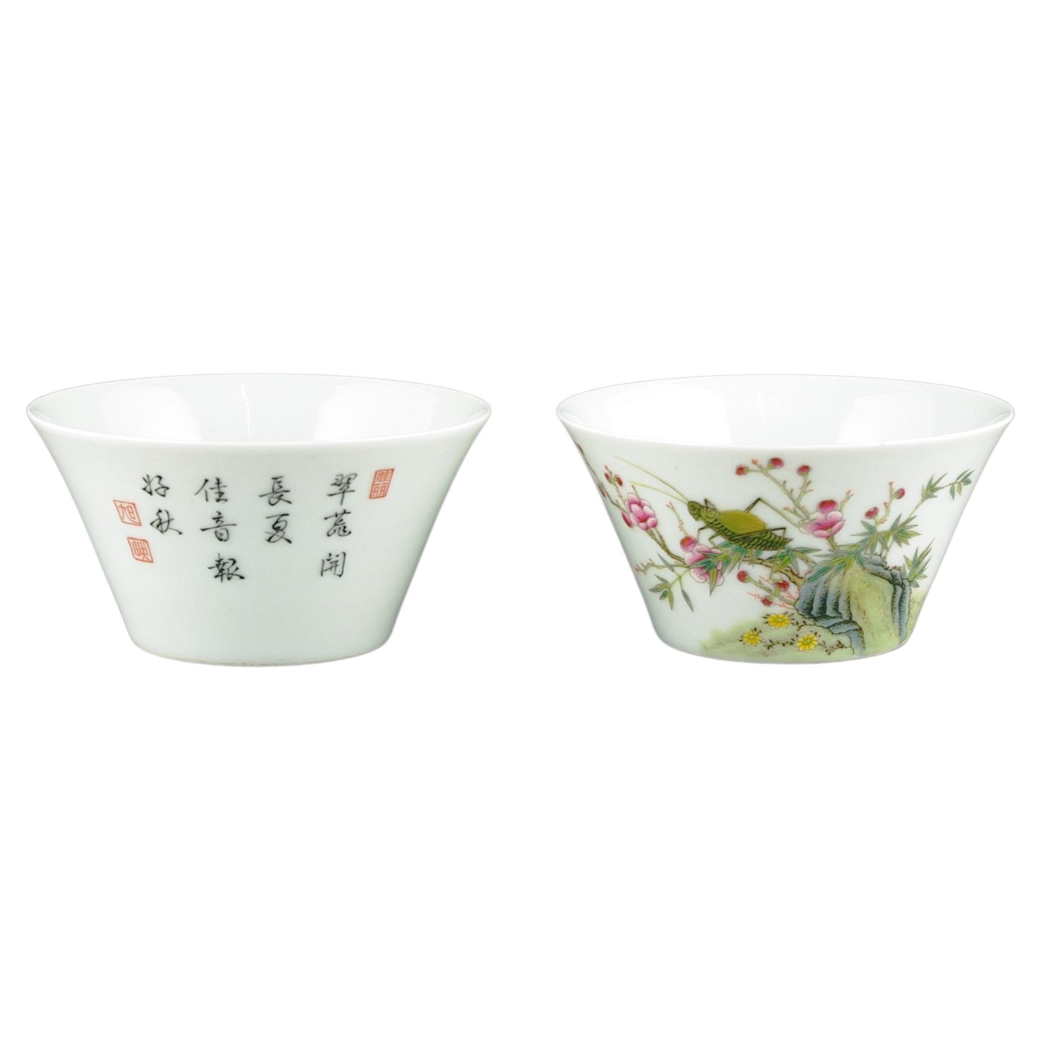 Qing Chinese Porcelain Tea Cups Falangcai Enamel Insects Flowers Shende Tang 19c-20c For Sale