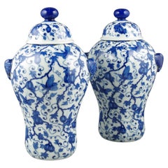 Pair Chinese Porcelain Underglaze Blue White Melons Covered Lobed Vase Early 20c