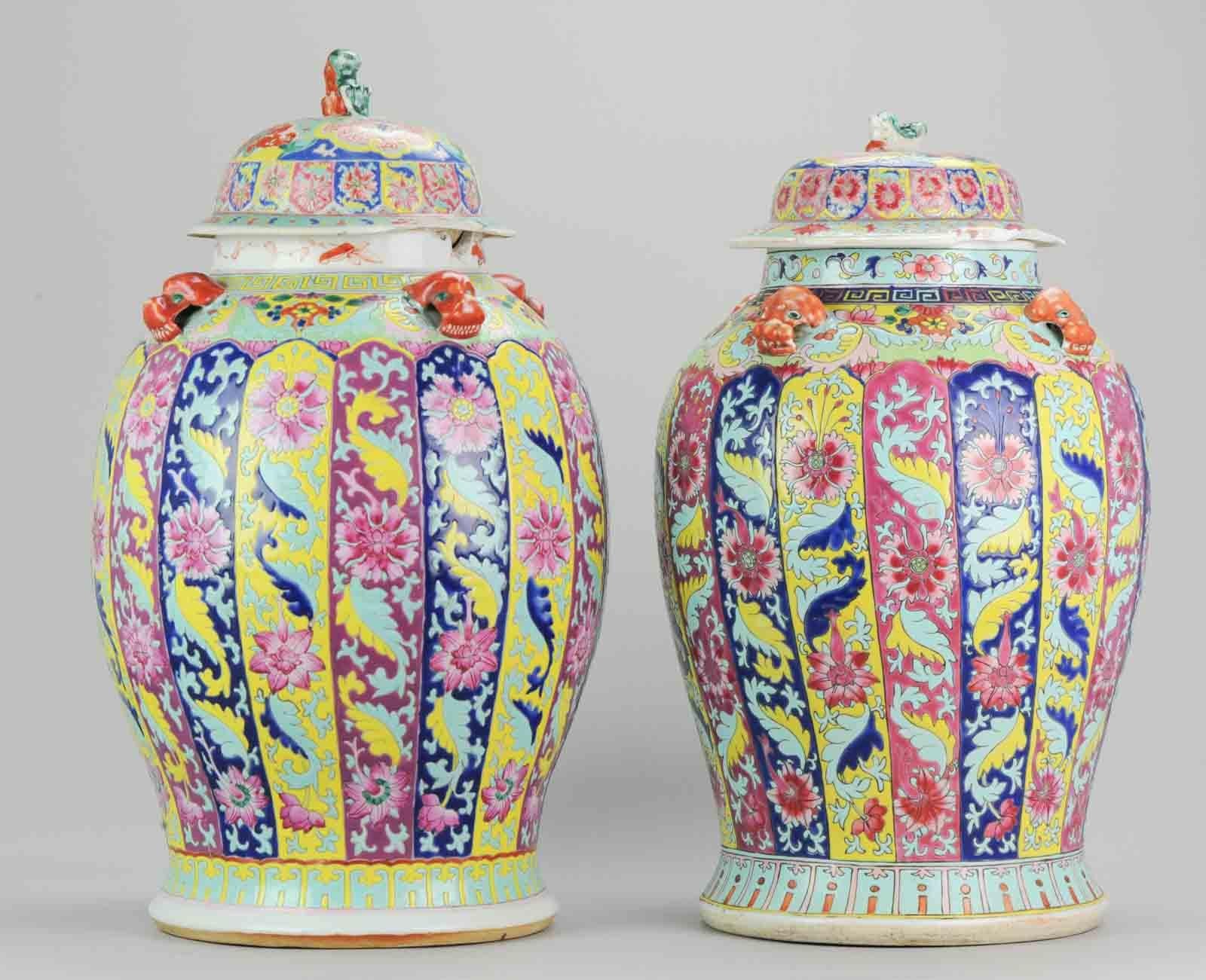 Pair of Chinese Porcelain Vases, SE Asian Market Straits Bencharong For ...