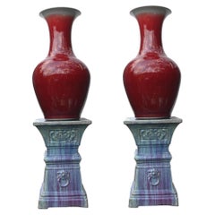 Pair Chinese Porcelain Vases - Imperial Red Urns