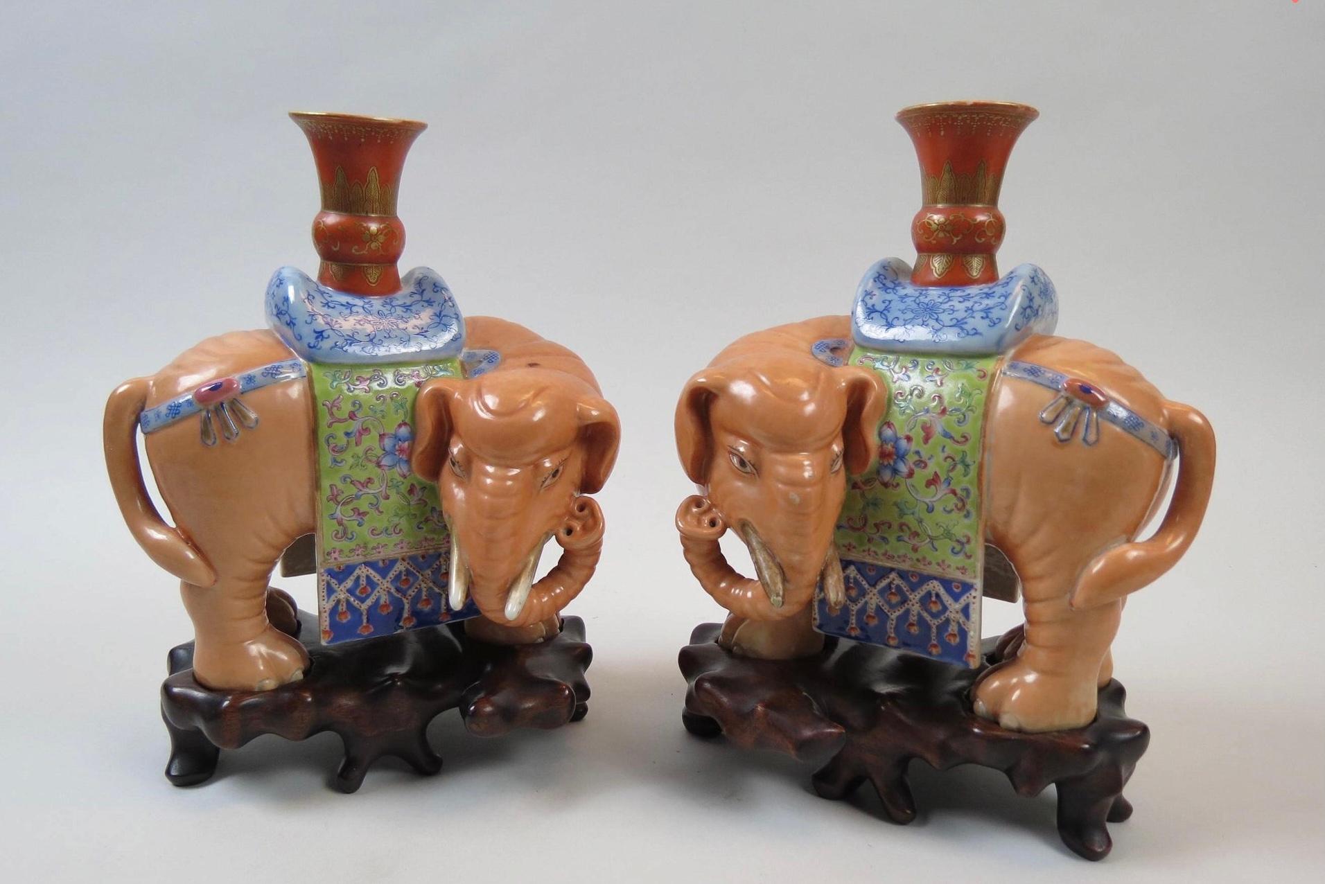 Pair Chinese Qing Dynasty Famille Rose Porcelain Figural Elephant Candle Stands 8