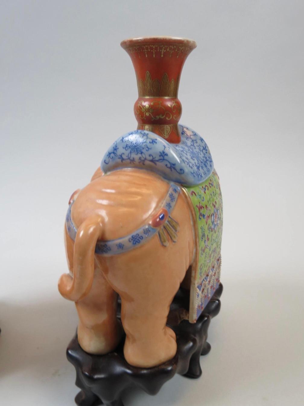 Chinese Export Pair Chinese Qing Dynasty Famille Rose Porcelain Figural Elephant Candle Stands