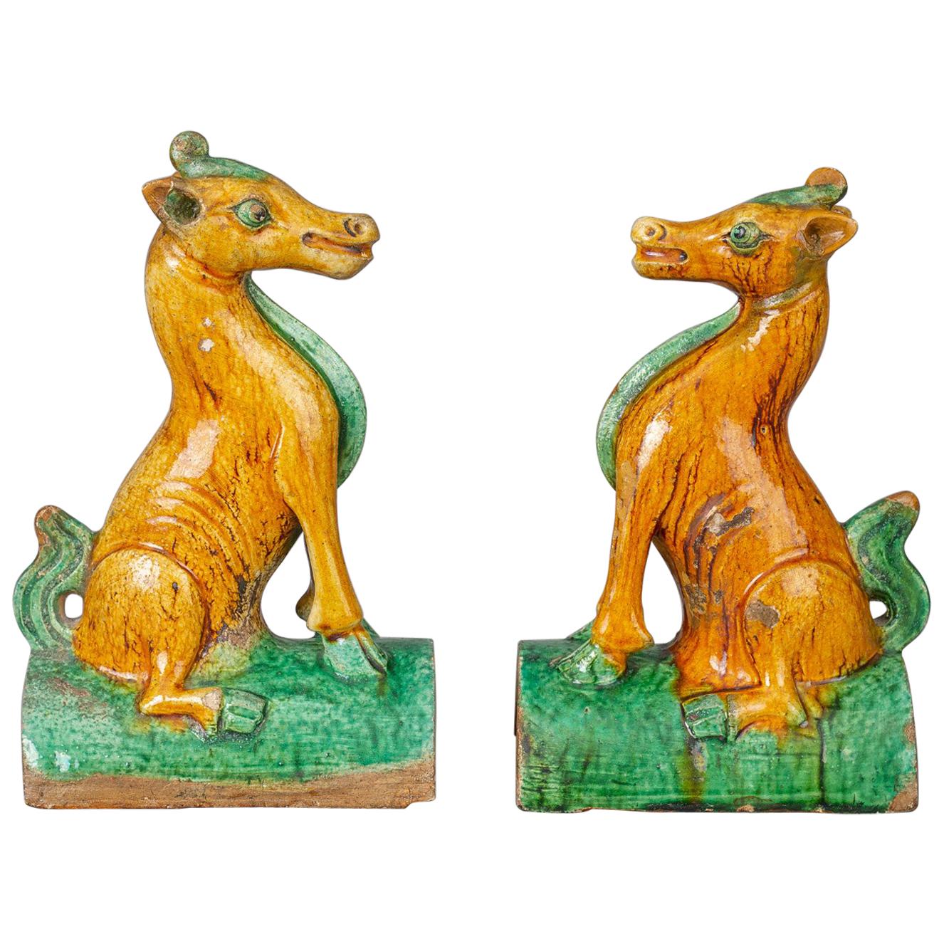 Pair Chinese Qing Guangxu Horse Roof Tiles For Sale