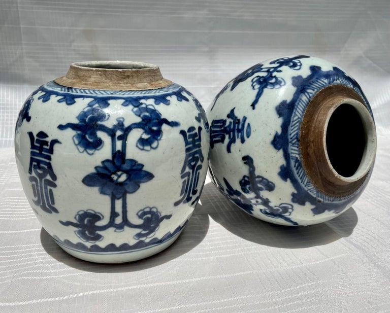 Hand-Painted Pair of Chinese Qing Kangxi Blue & White Shou Ginger Jars, 18th Century For Sale