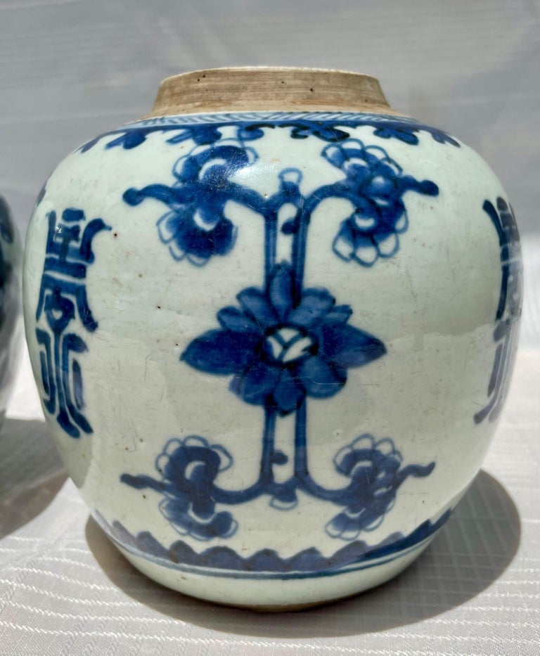 18th Century and Earlier Pair of Chinese Qing Kangxi Blue & White Shou Ginger Jars, 18th Century For Sale