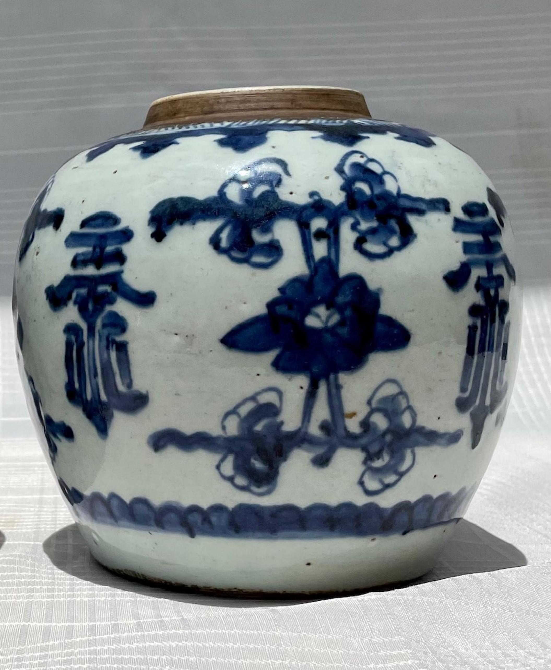 Pair of Chinese Qing Kangxi Blue & White Shou Ginger Jars, 18th Century 1