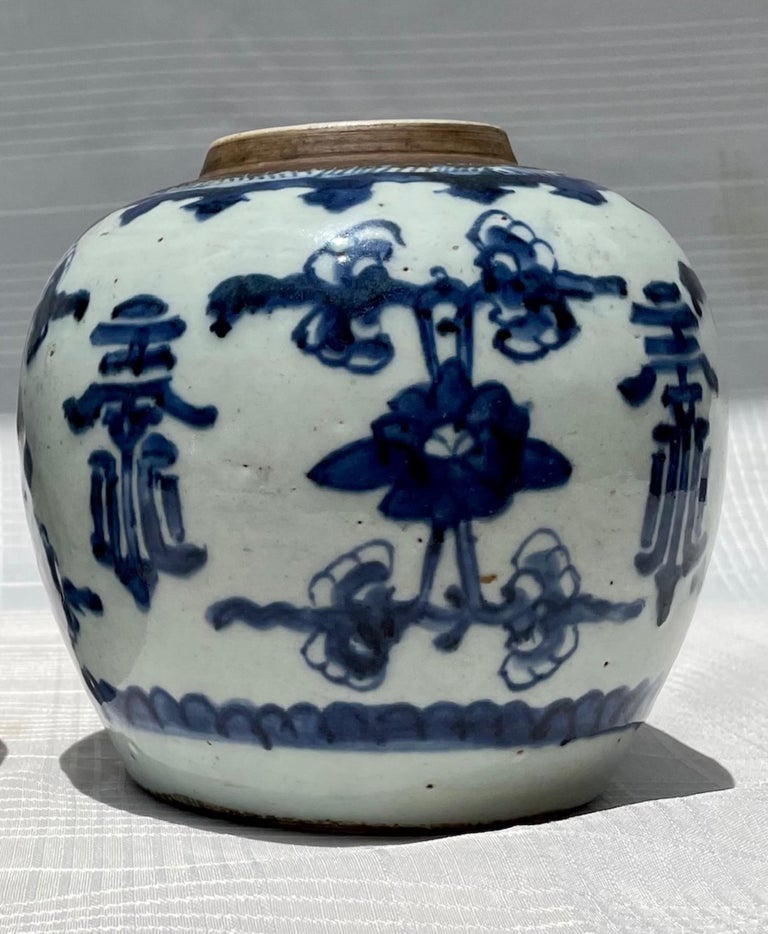 Pair of Chinese Qing Kangxi Blue & White Shou Ginger Jars, 18th Century For Sale 1