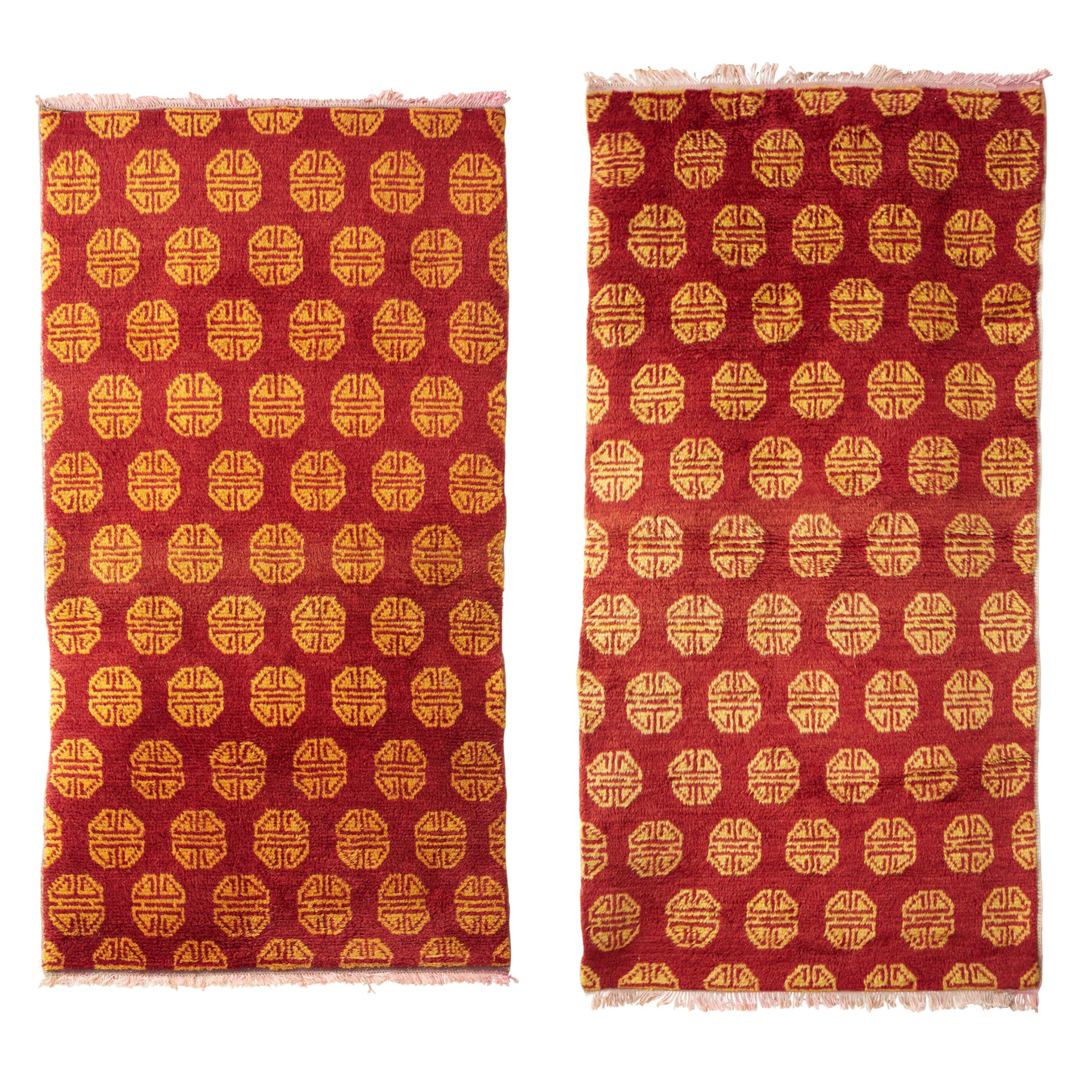 Pair of Chinese Red Geometric Design Rugs, circa 1930 For Sale