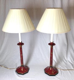Pair of Chinese Red with Butterfly Tole Candlestick Buffet Lamps by Arrowsmith