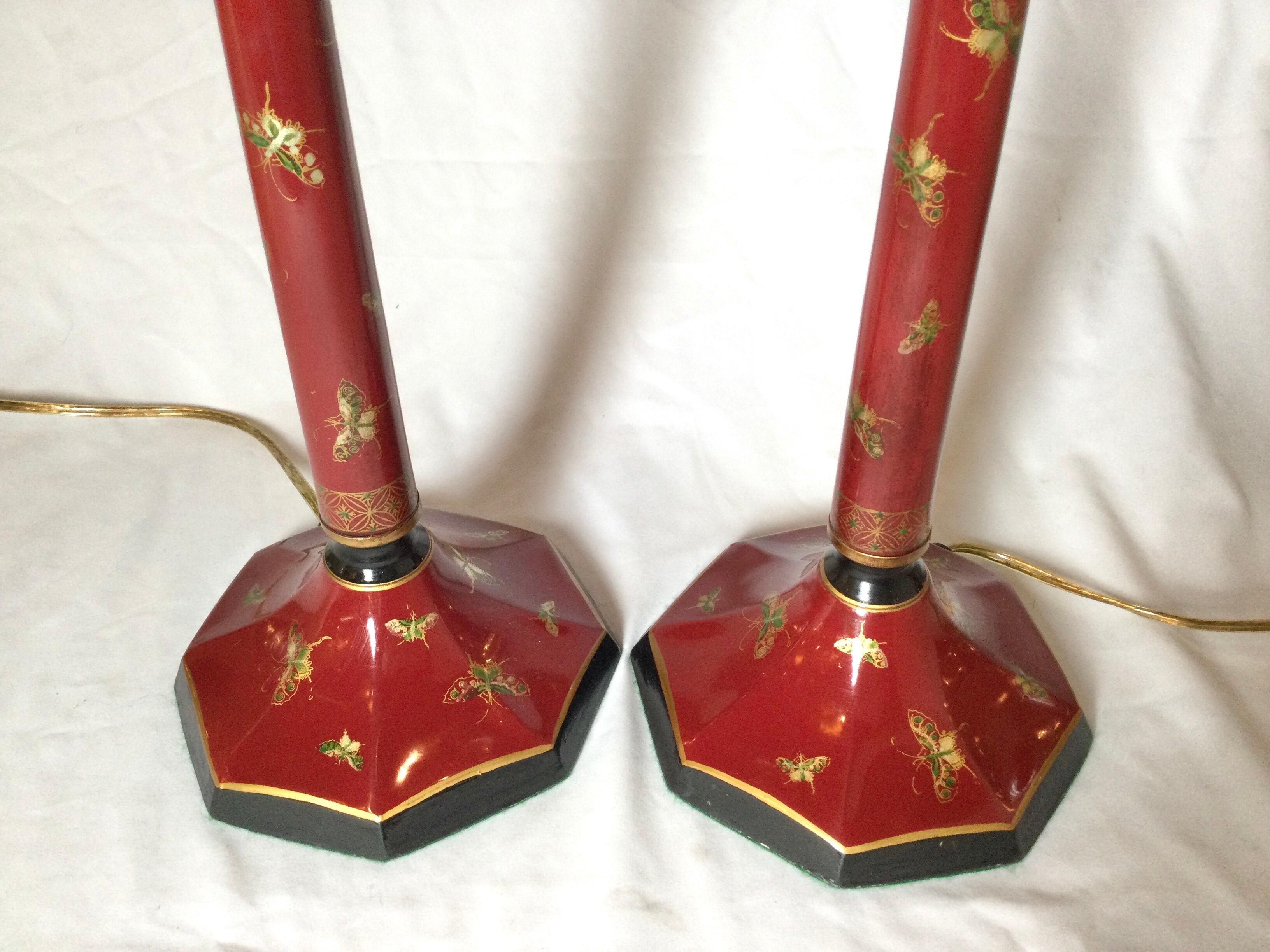 American Pair of Chinese Red with Butterfly Tole Candlestick Buffet Lamps by Arrowsmith