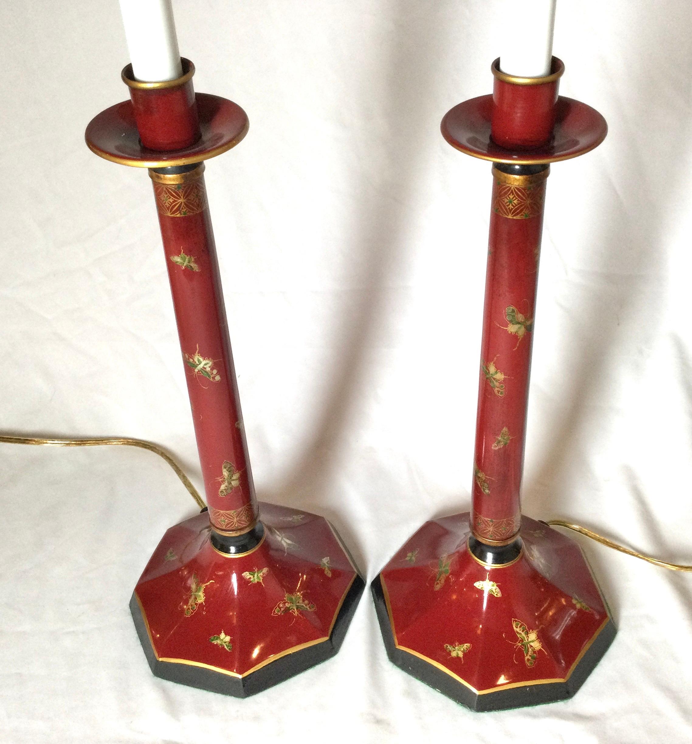 Pair of Chinese Red with Butterfly Tole Candlestick Buffet Lamps by Arrowsmith In Good Condition In Lambertville, NJ