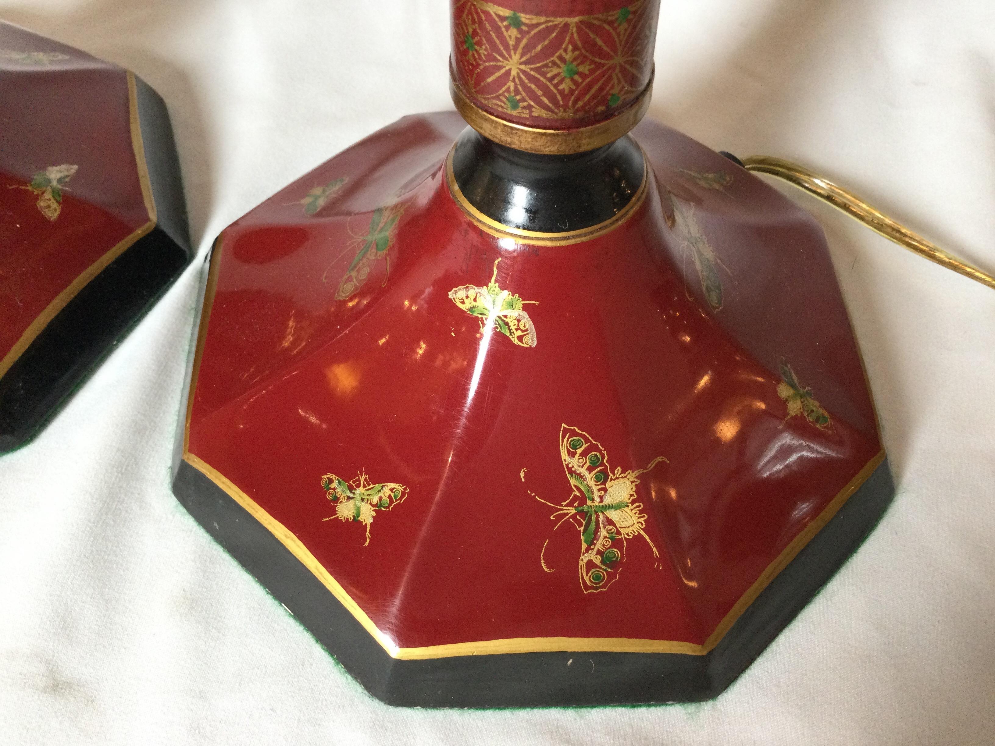 Metal Pair of Chinese Red with Butterfly Tole Candlestick Buffet Lamps by Arrowsmith
