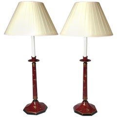 Pair of Chinese Red with Butterfly Tole Candlestick Buffet Lamps by Arrowsmith