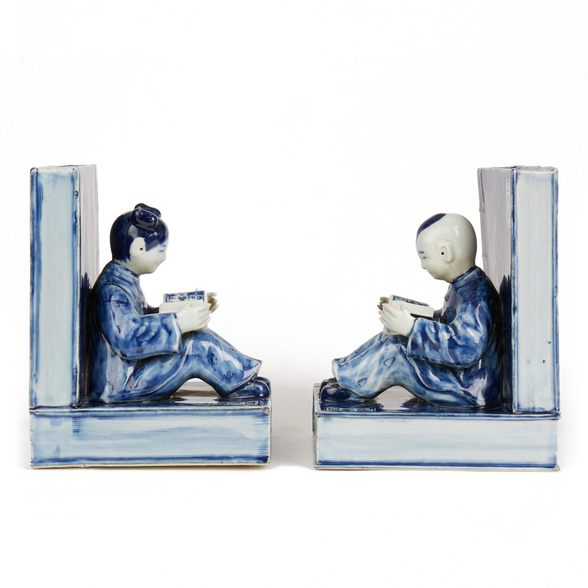 Glazed Pair of Chinese Republic Porcelain Figural Bookends
