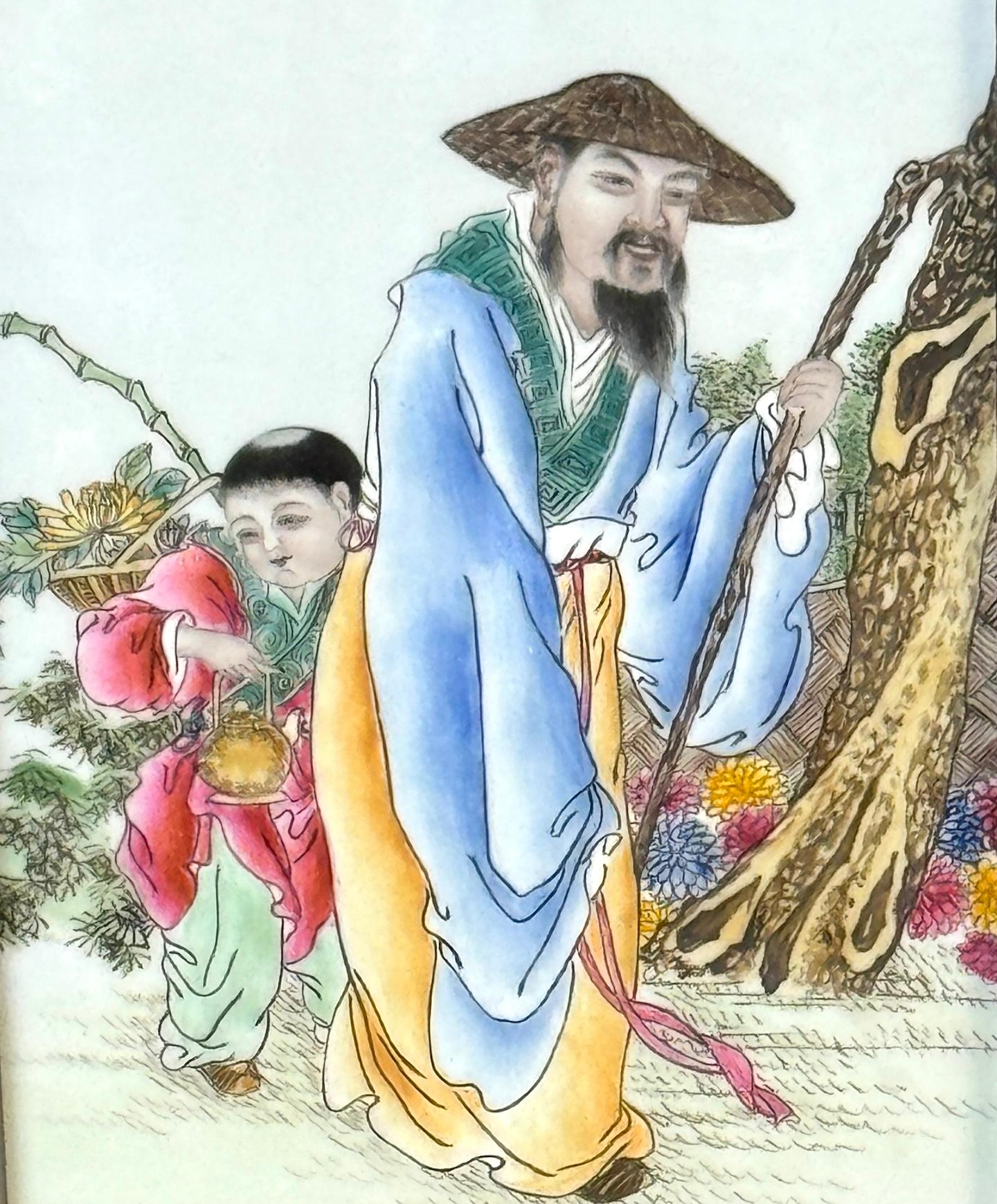 Brass Pair Chinese Republic Porcelain Panels, Scholars in Landscape, Inscribed For Sale