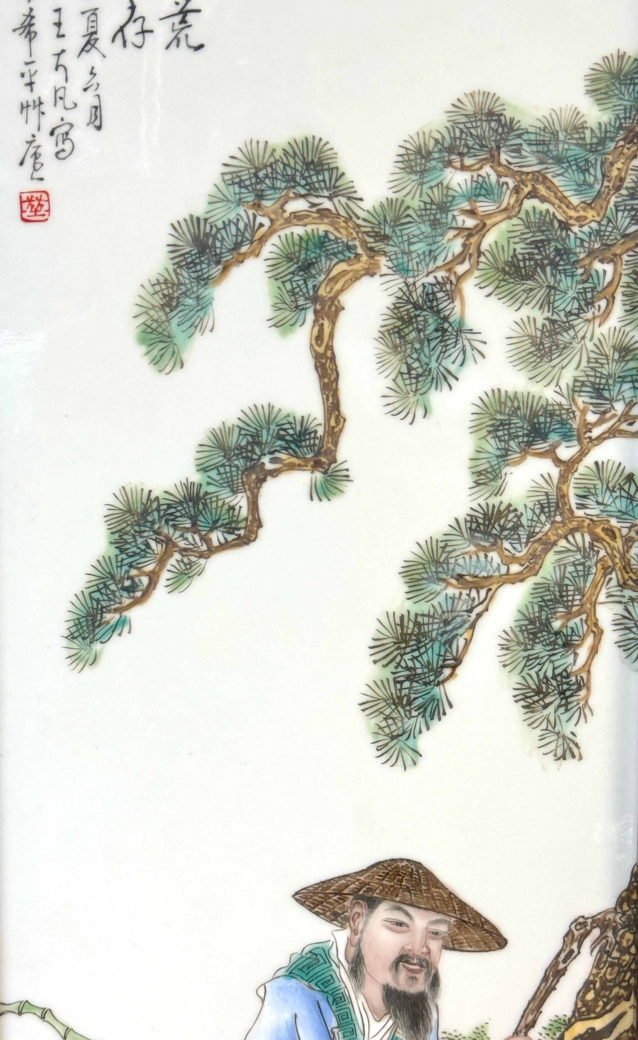 Pair Chinese Republic Porcelain Panels, Scholars in Landscape, Inscribed For Sale 1