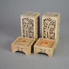 Pair Chinese Reticulated Floral Carved Soapstone Candle Holders with Birds 20thC