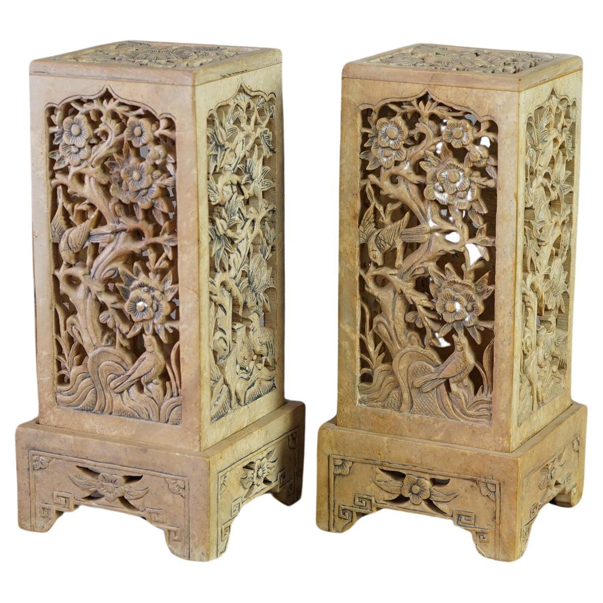 Pair Chinese Reticulated Floral Carved Soapstone Candle Holders with Birds 20thC