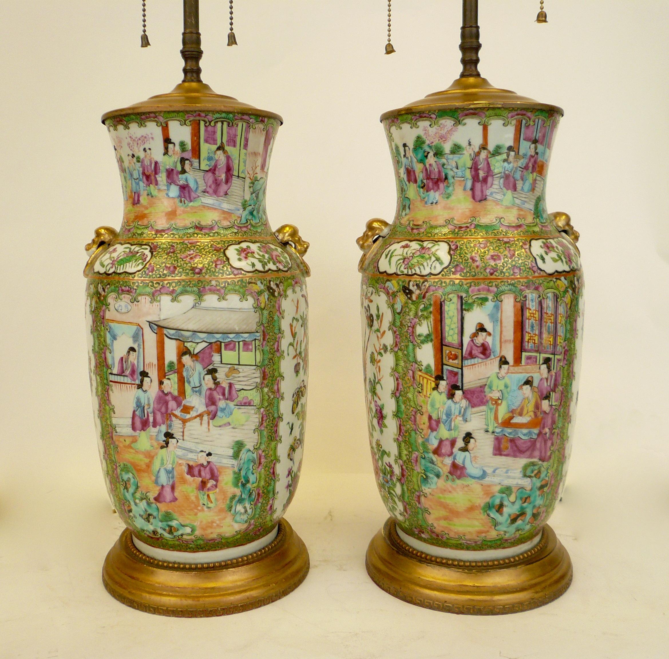 Pair of Chinese Rose Medallion Pattern Porcelain Vases, Mounted as Lamps 1