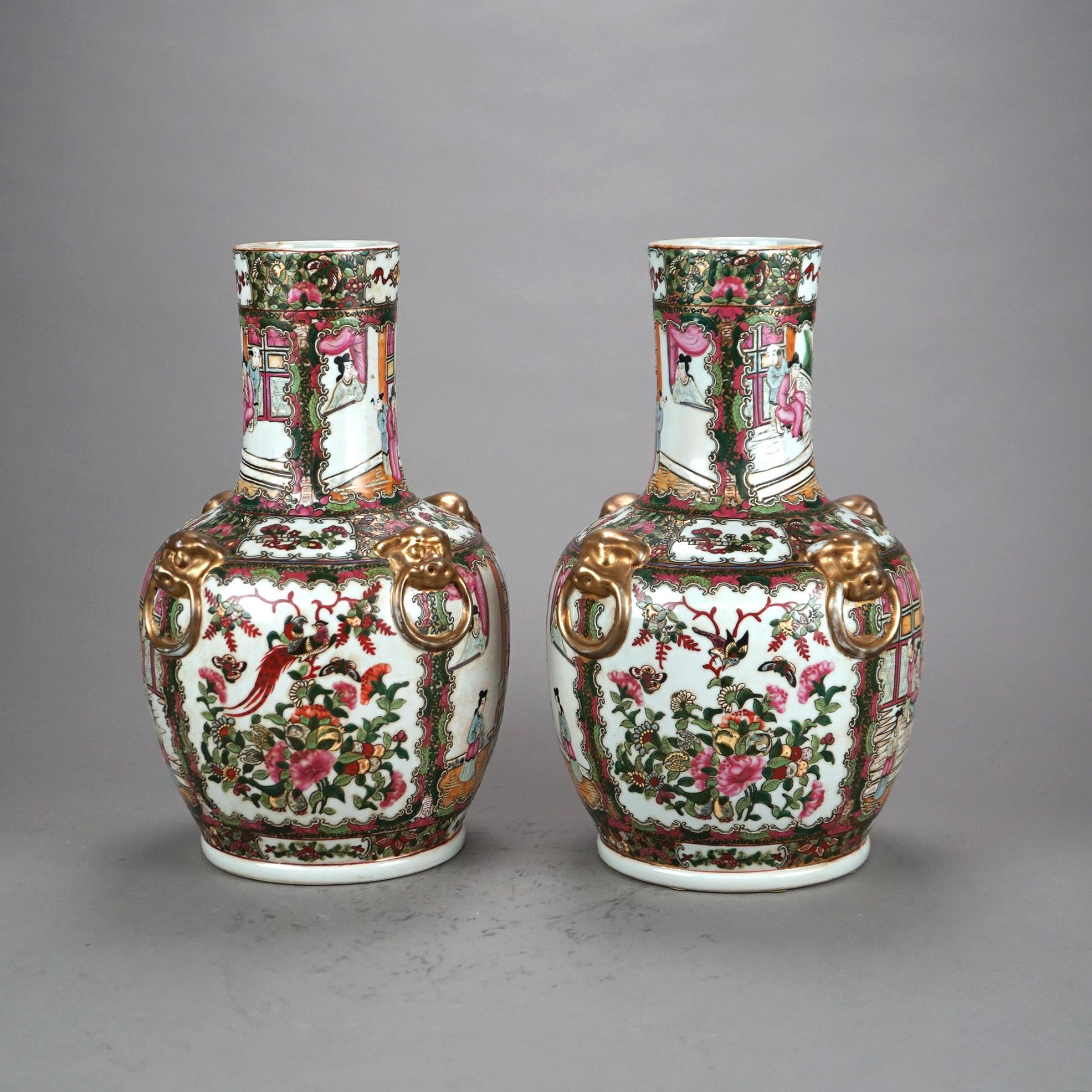 Pair Chinese Rose Medallion Gilt & Enameled Figural Genre Scene Vases with Figural Gilt Handles 20thC

Measures - 15h x 9 w x 9w