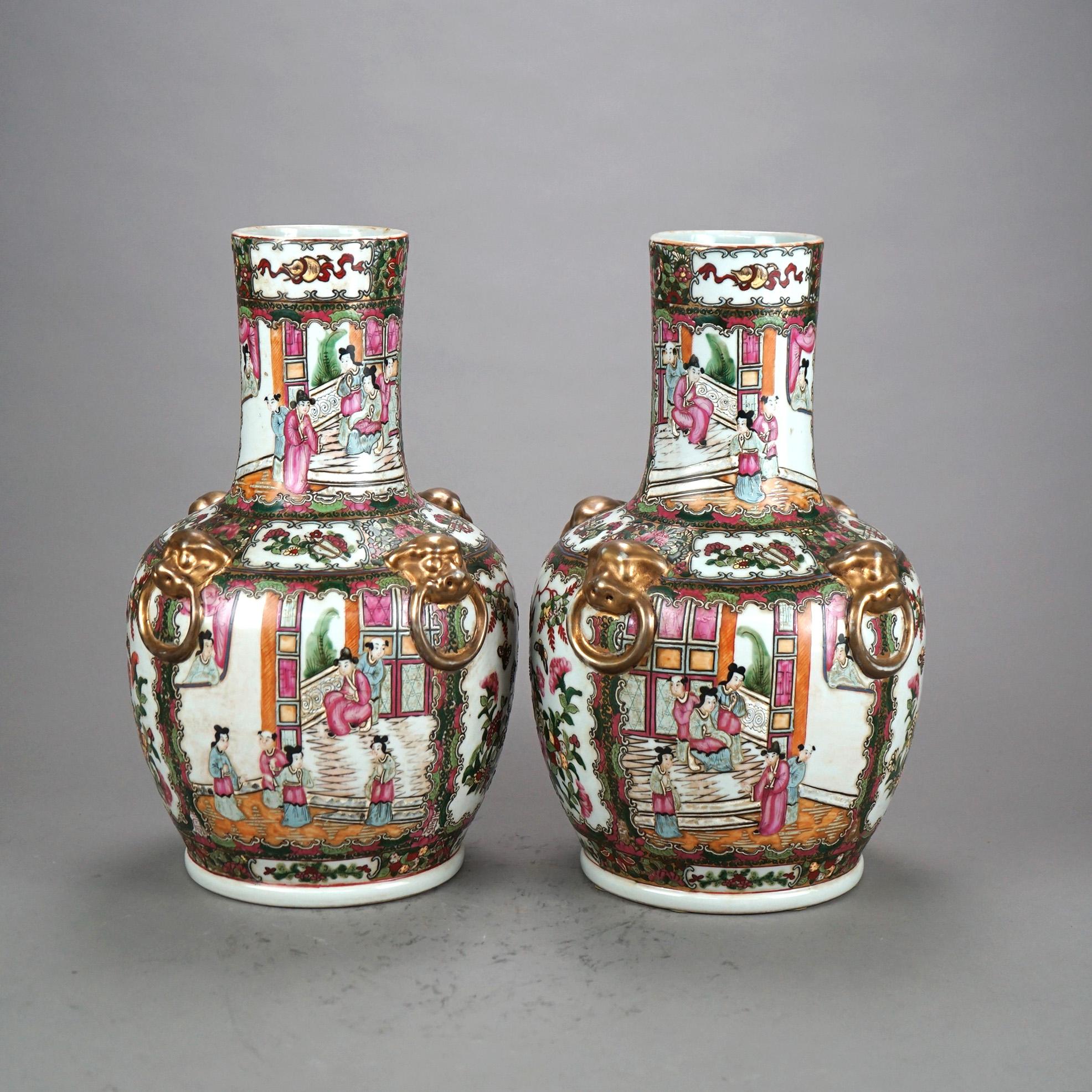 Asian Pair Chinese Rose Medallion Gilt & Enameled Figural Genre Scene Vases 20thC