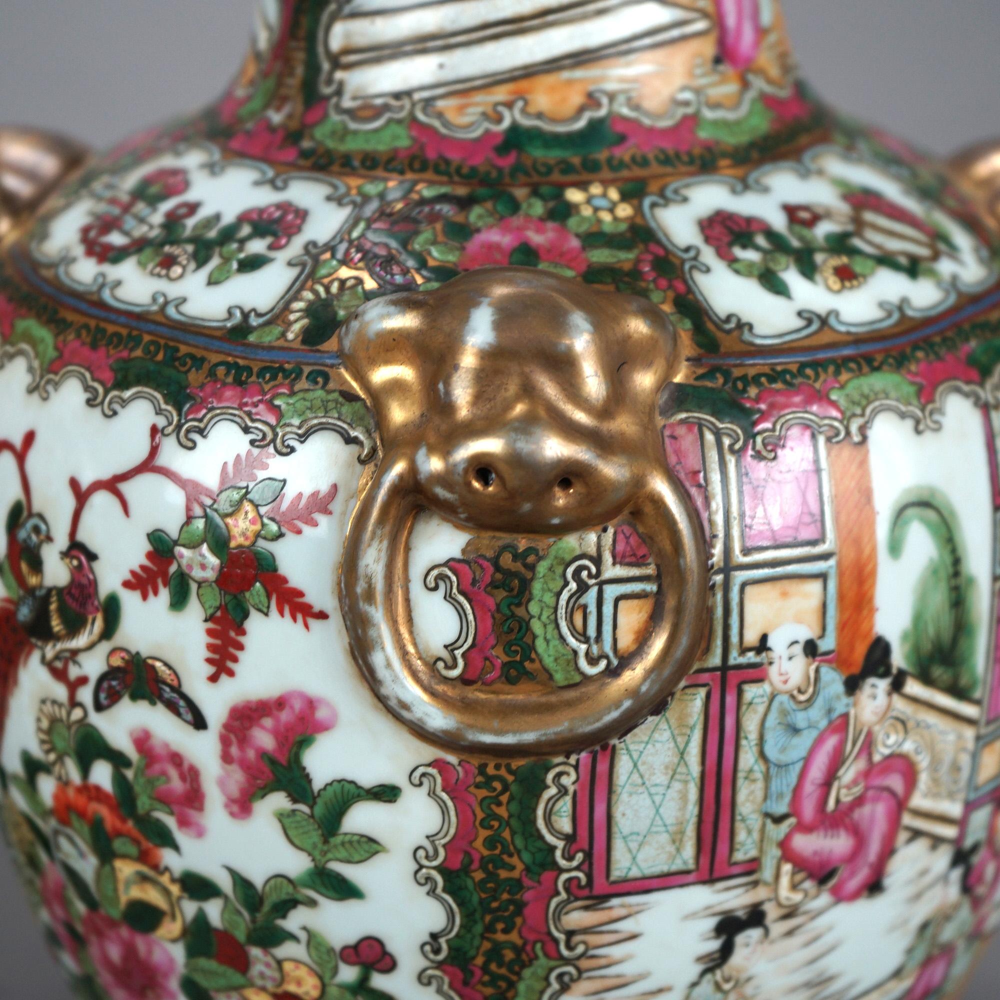 Pair Chinese Rose Medallion Gilt & Enameled Figural Genre Scene Vases 20thC In Good Condition In Big Flats, NY