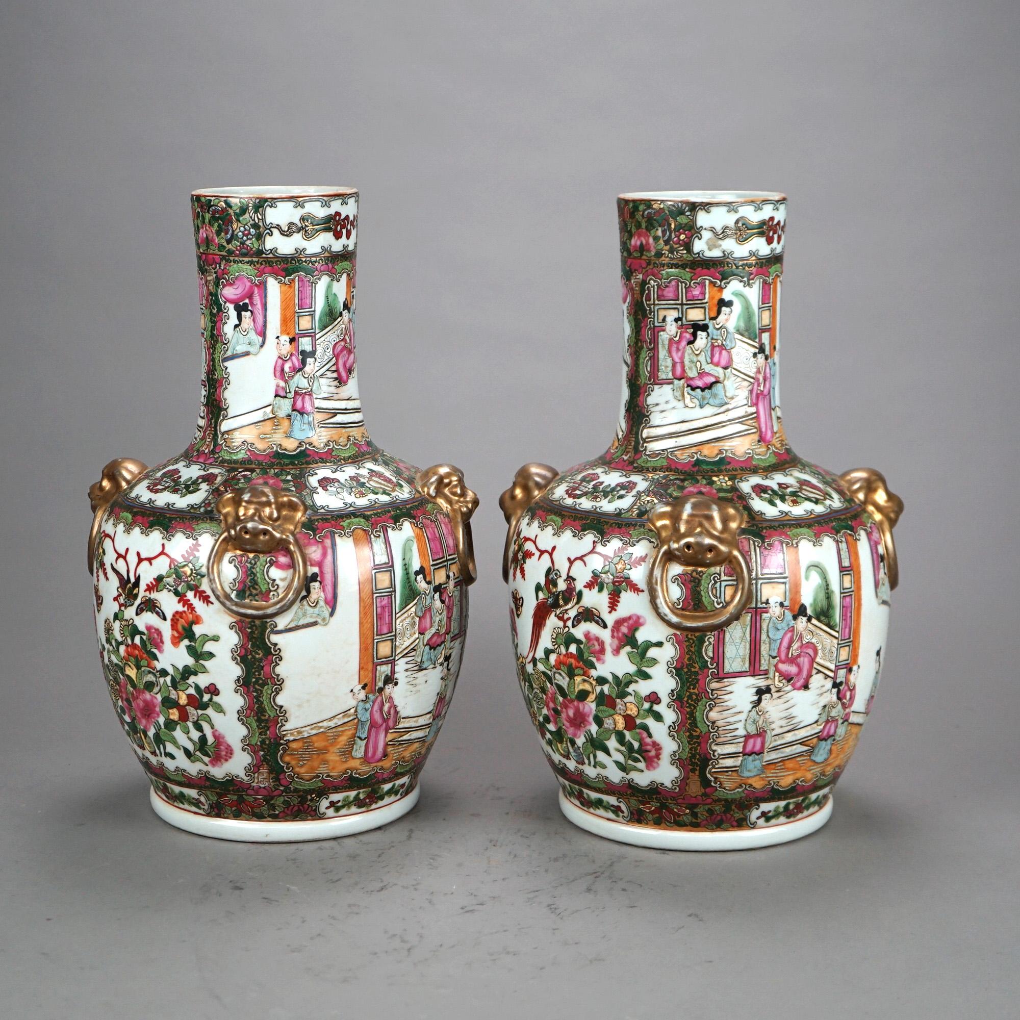 20th Century Pair Chinese Rose Medallion Gilt & Enameled Figural Genre Scene Vases 20thC