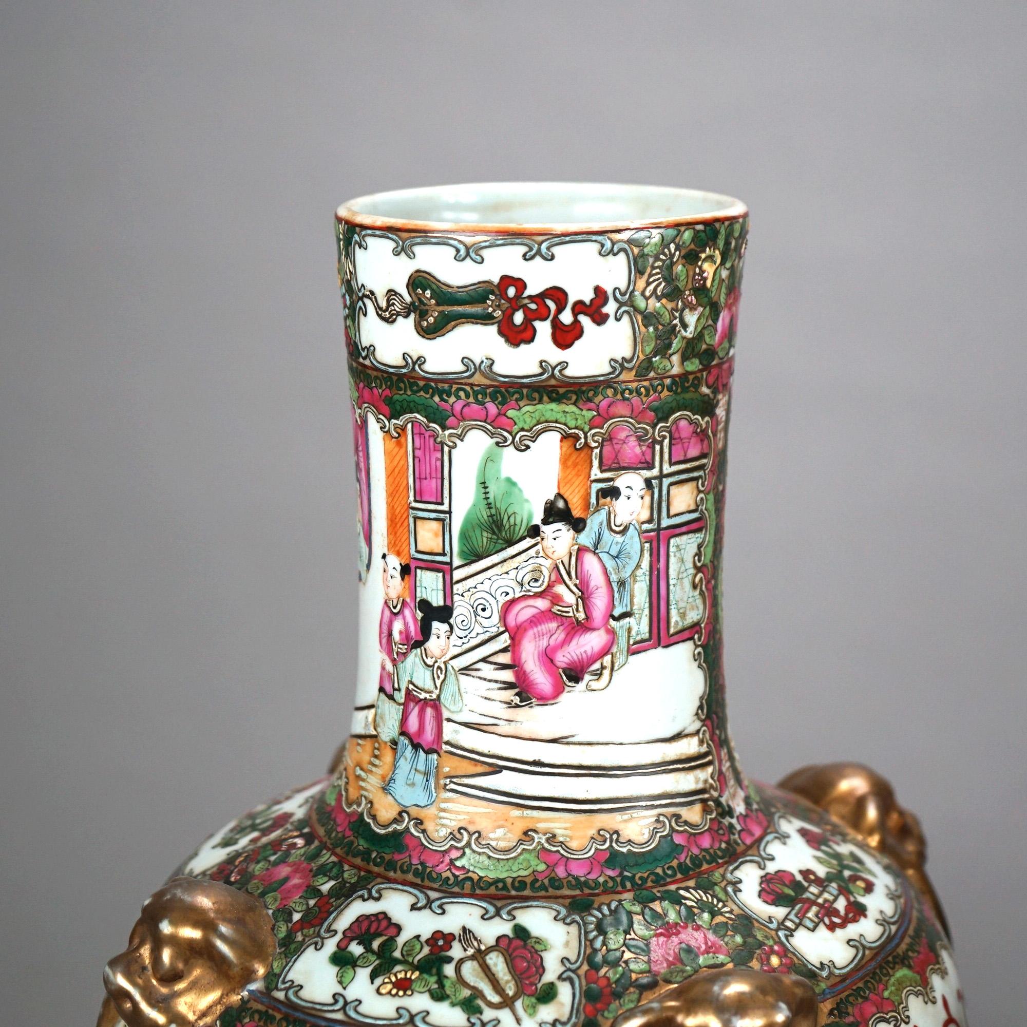 Porcelain Pair Chinese Rose Medallion Gilt & Enameled Figural Genre Scene Vases 20thC