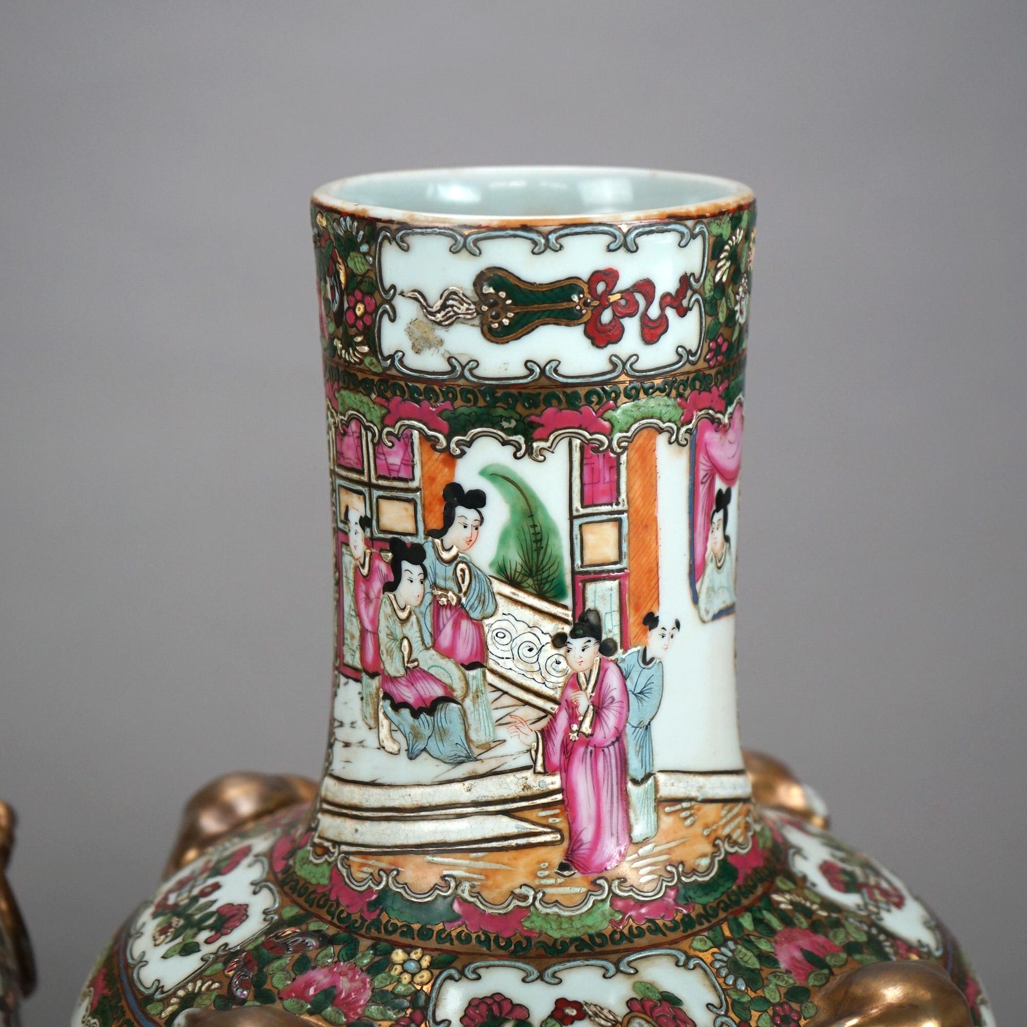 Pair Chinese Rose Medallion Gilt & Enameled Figural Genre Scene Vases 20thC 1