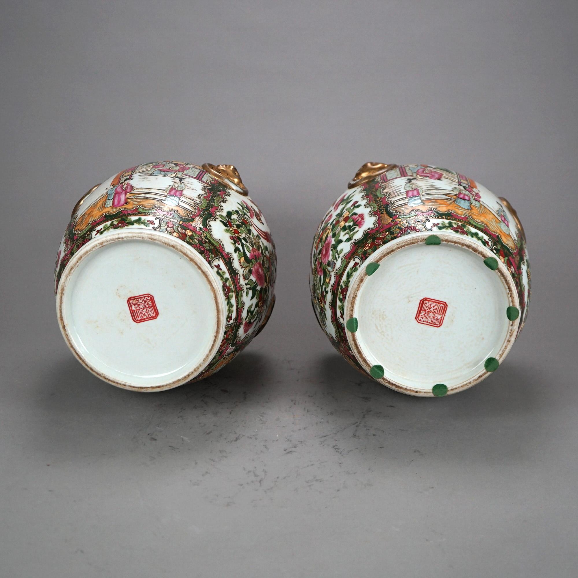 Pair Chinese Rose Medallion Gilt & Enameled Figural Genre Scene Vases 20thC 2