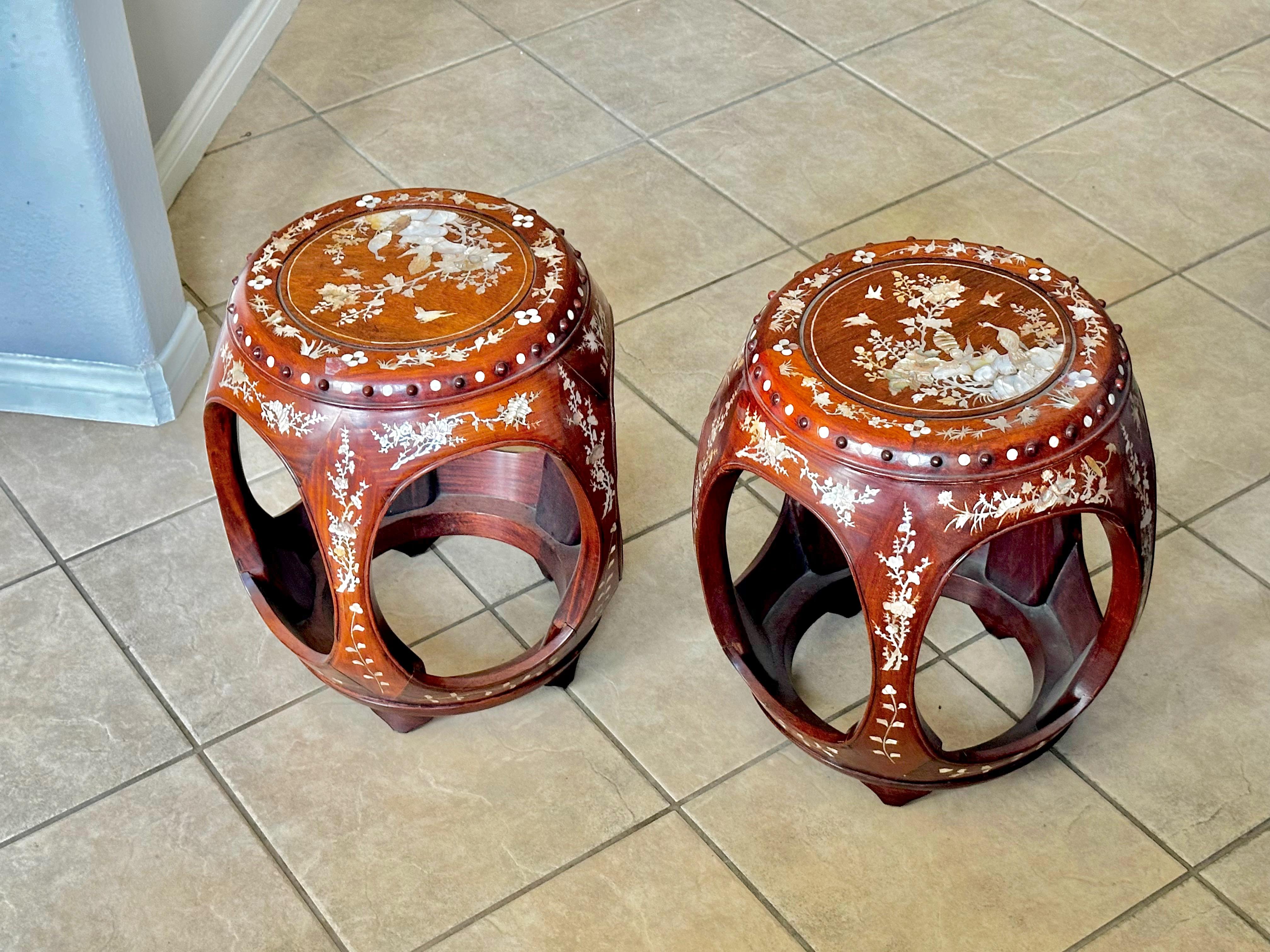 Pair Chinese Rosewood Mother Pearl Inlaid Garden Seat Stools For Sale 6