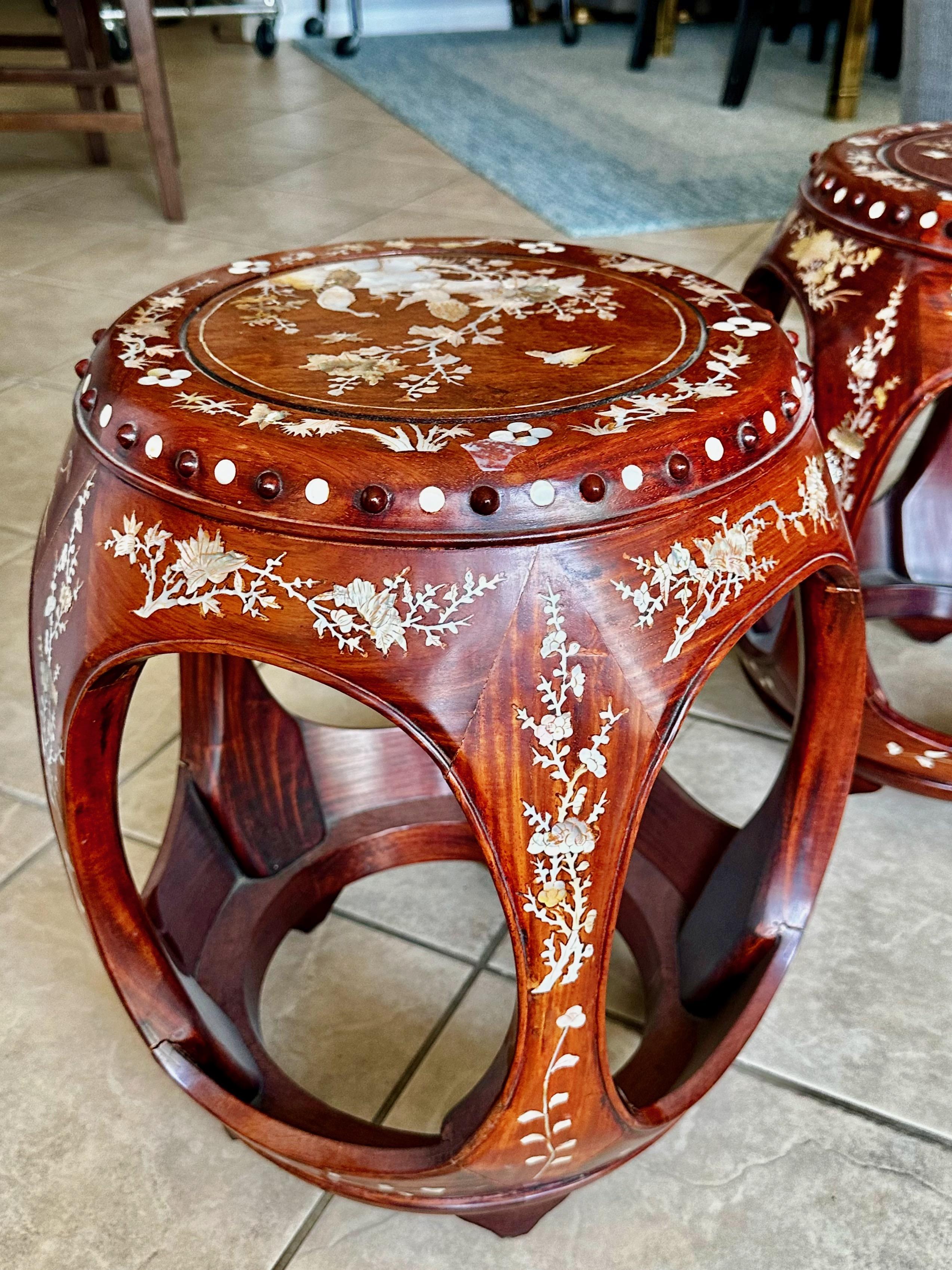 Pair Chinese Rosewood Mother Pearl Inlaid Garden Seat Stools For Sale 7
