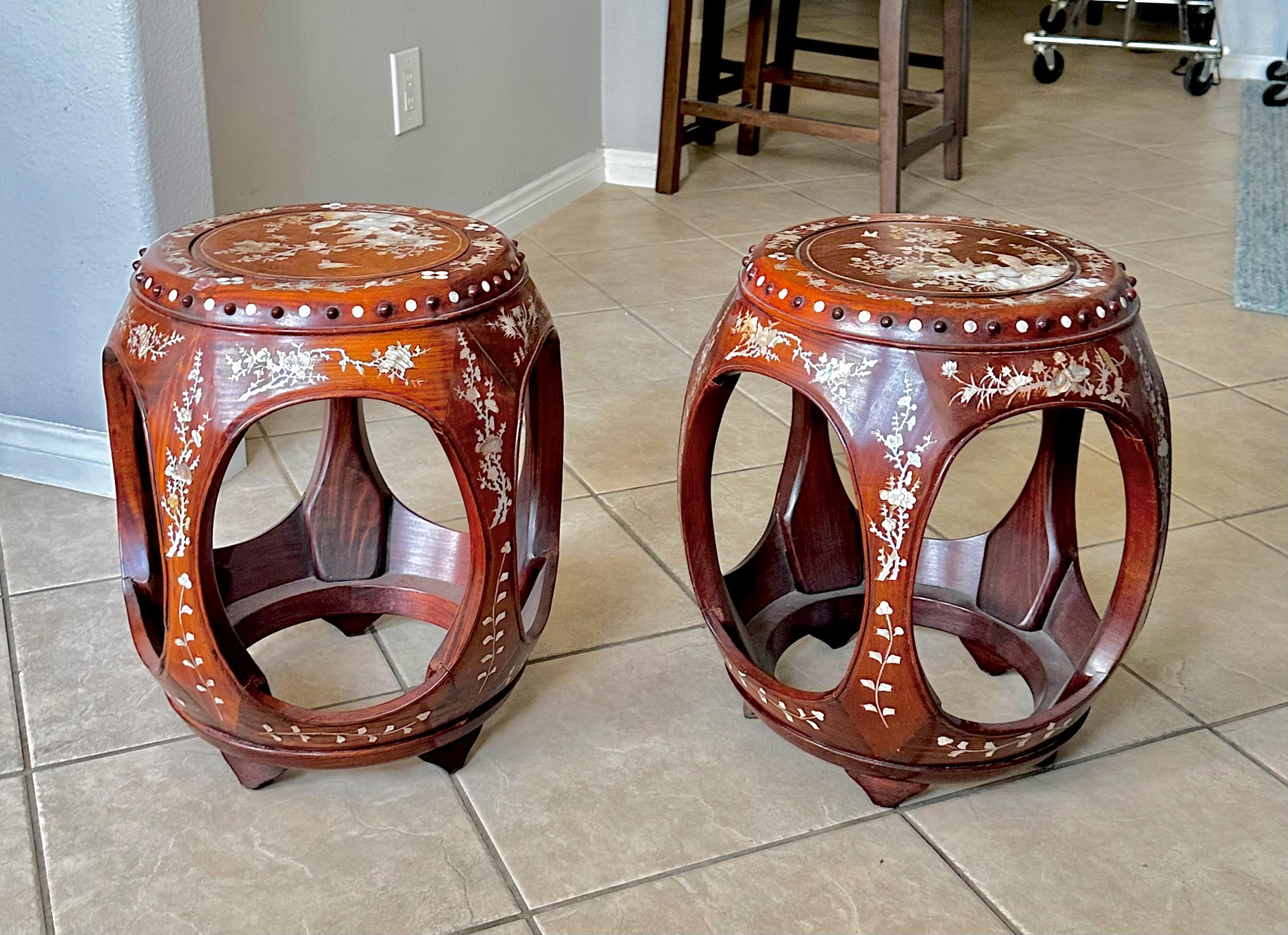Pair Chinese Rosewood Mother Pearl Inlaid Garden Seat Stools For Sale 13
