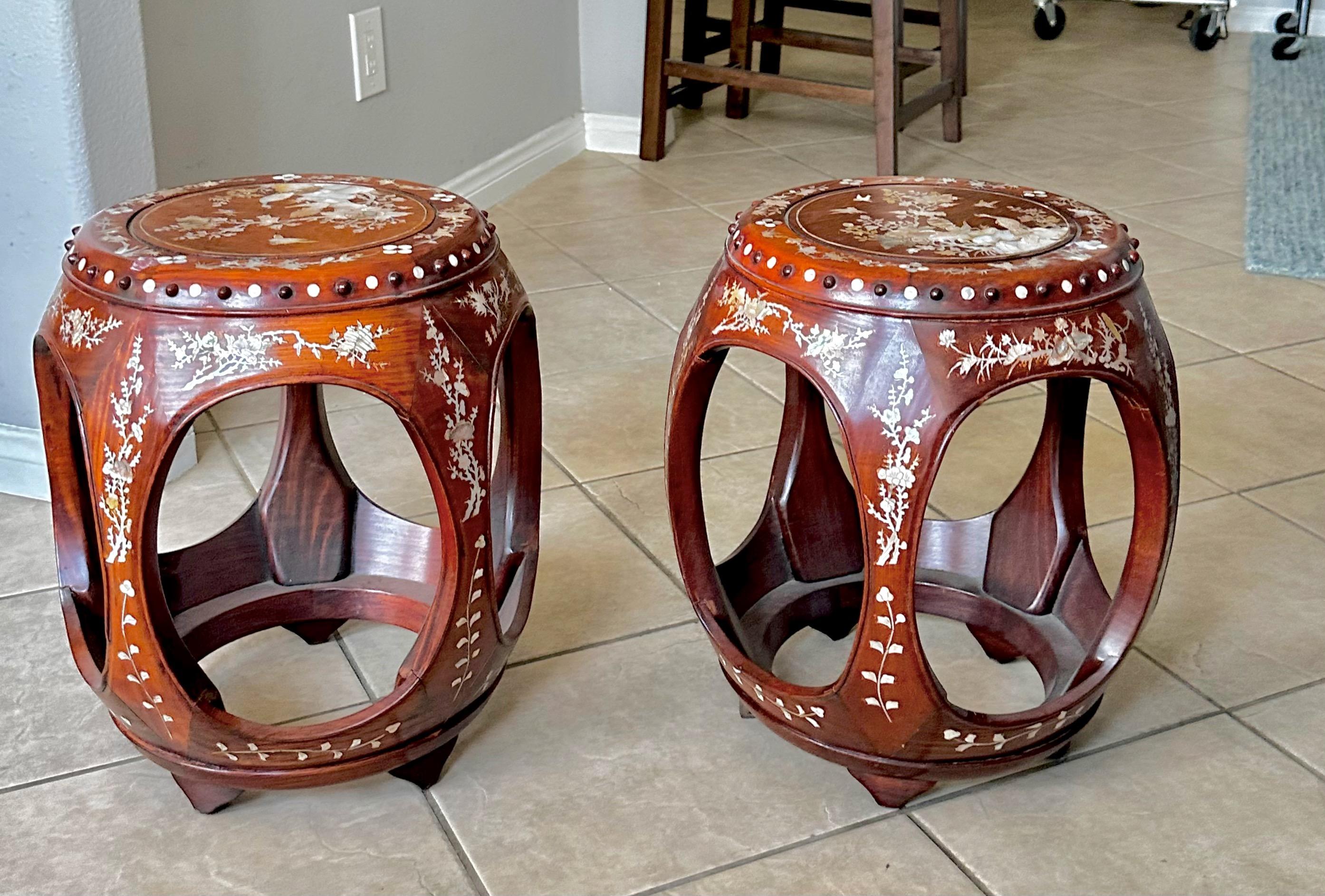 Pair Chinese Rosewood Mother Pearl Inlaid Garden Seat Stools For Sale 14