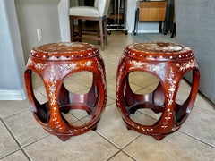 Pair Chinese Rosewood Mother Pearl Inlaid Garden Seat Stools