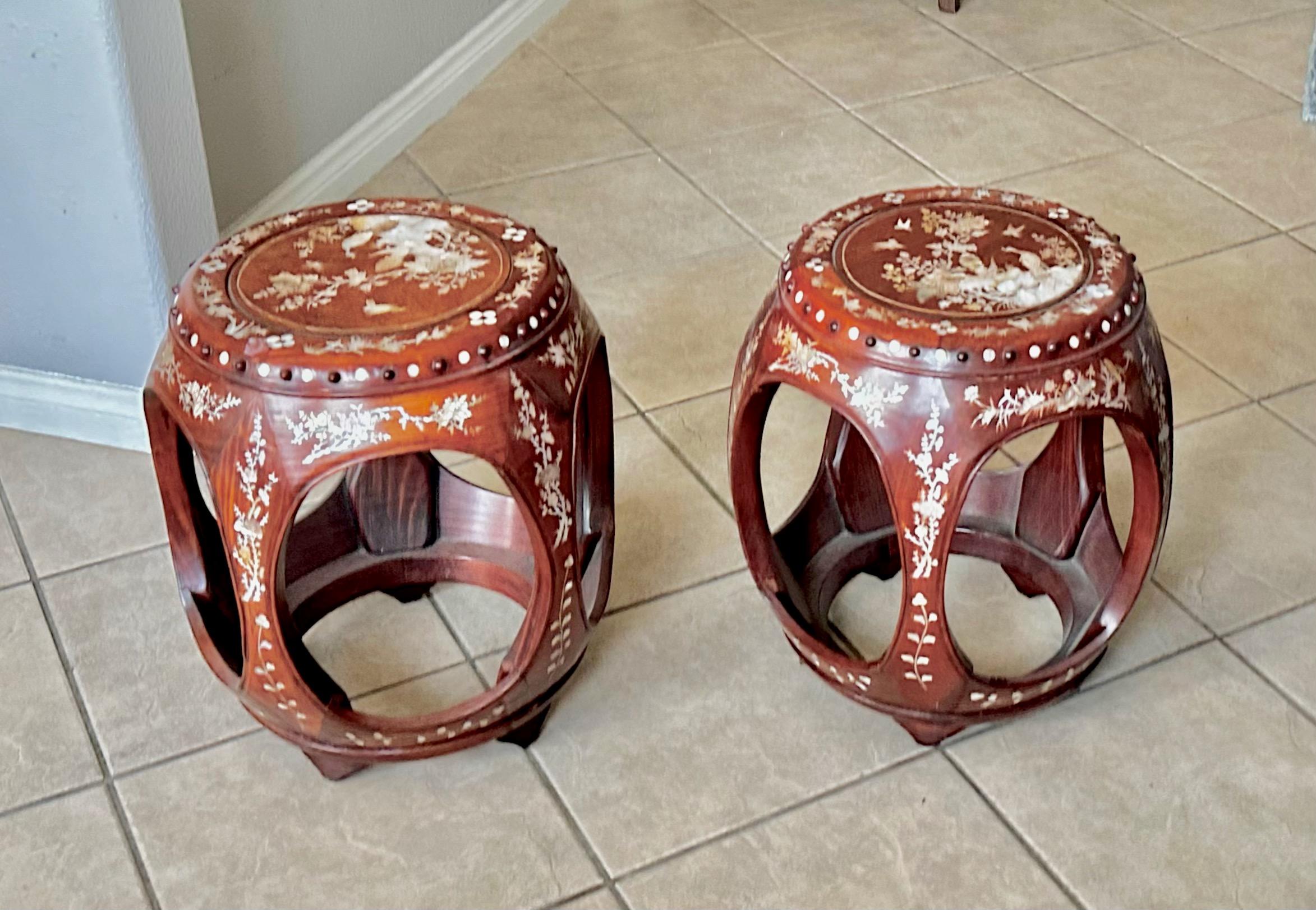 Pair Chinese Rosewood Mother Pearl Inlaid Garden Seat Stools In Fair Condition For Sale In Palm Springs, CA