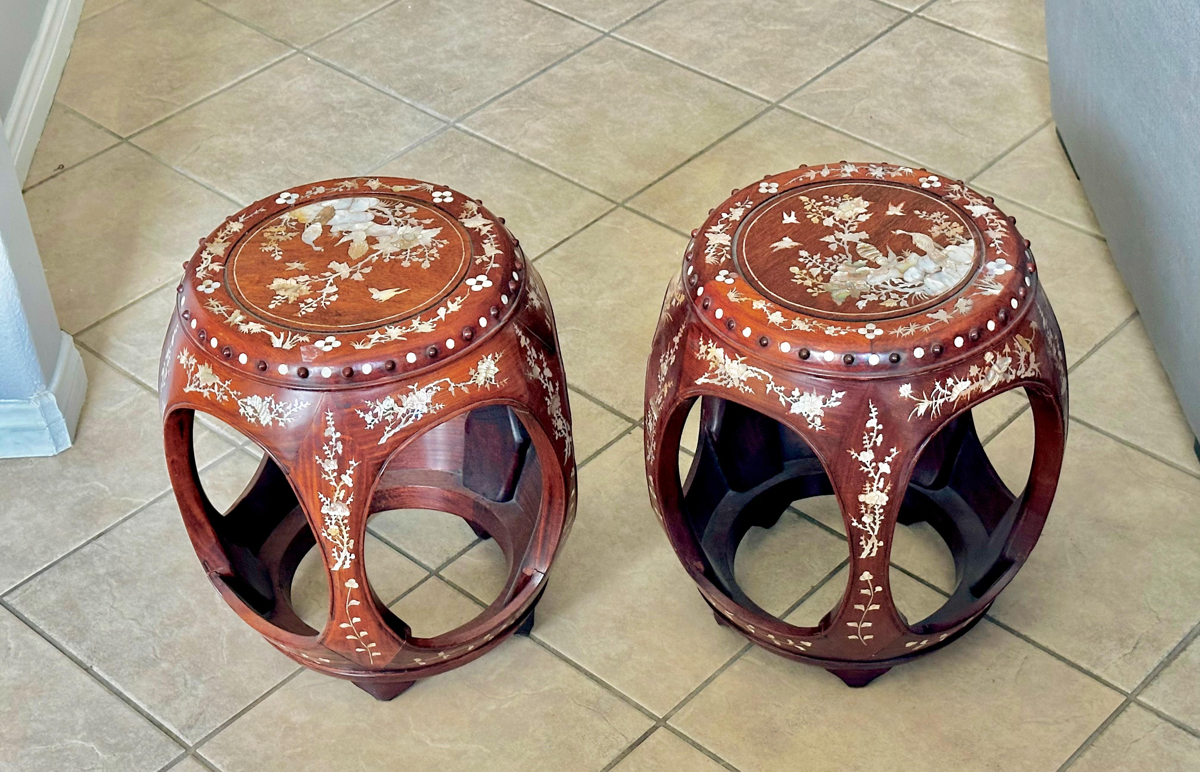 Mid-20th Century Pair Chinese Rosewood Mother Pearl Inlaid Garden Seat Stools For Sale
