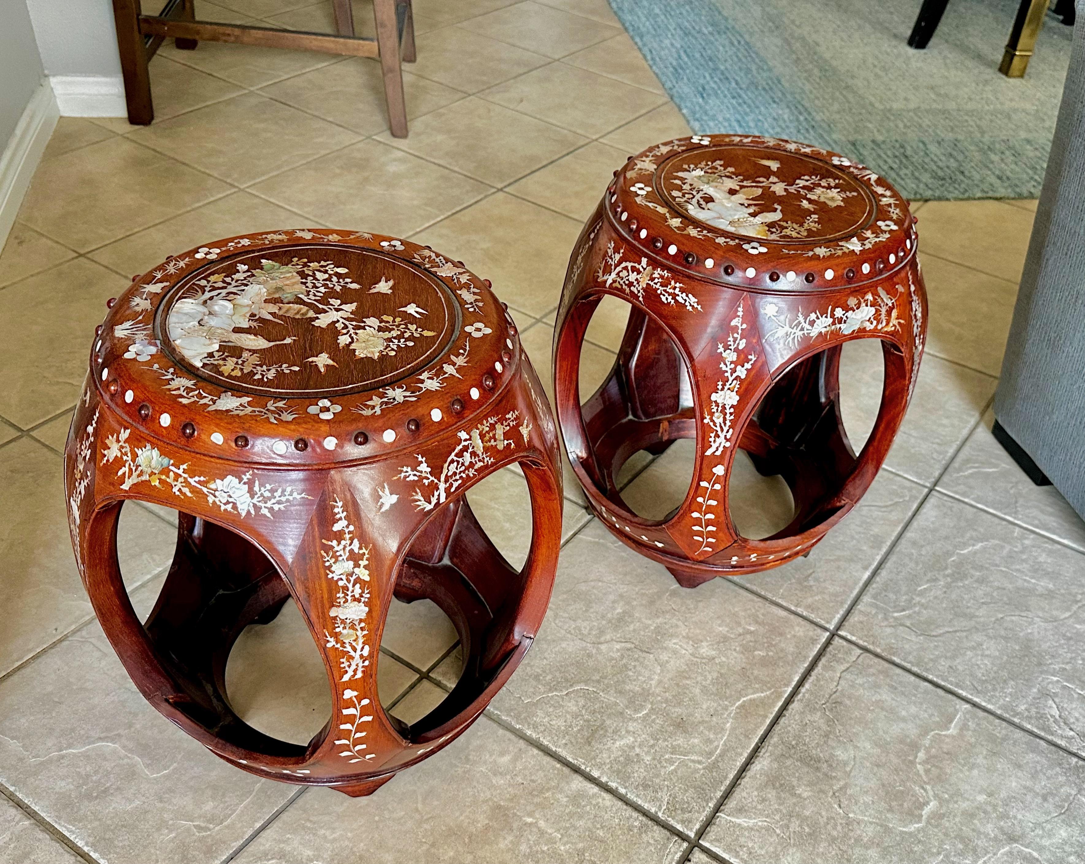 Wood Pair Chinese Rosewood Mother Pearl Inlaid Garden Seat Stools For Sale