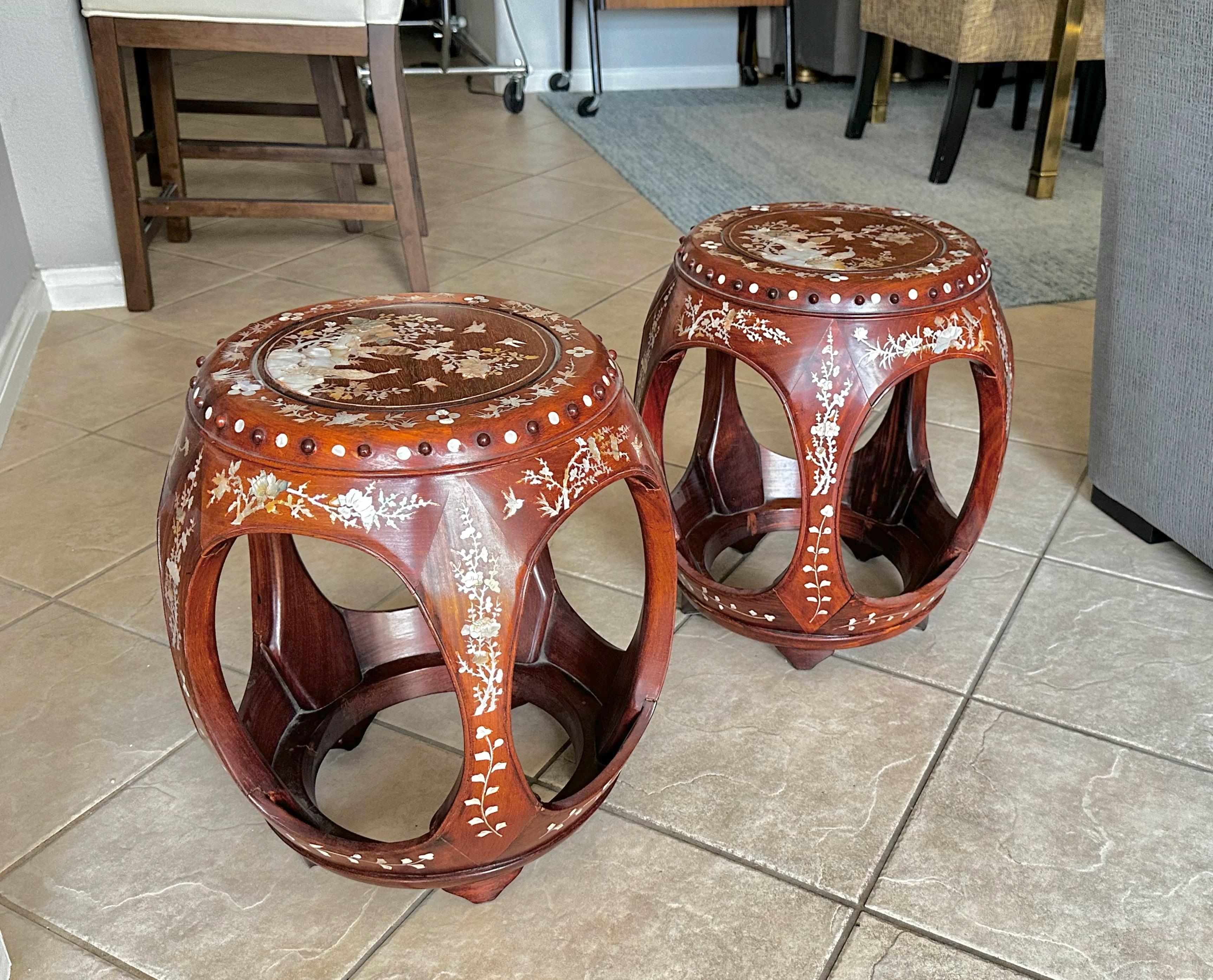 Pair Chinese Rosewood Mother Pearl Inlaid Garden Seat Stools For Sale 1