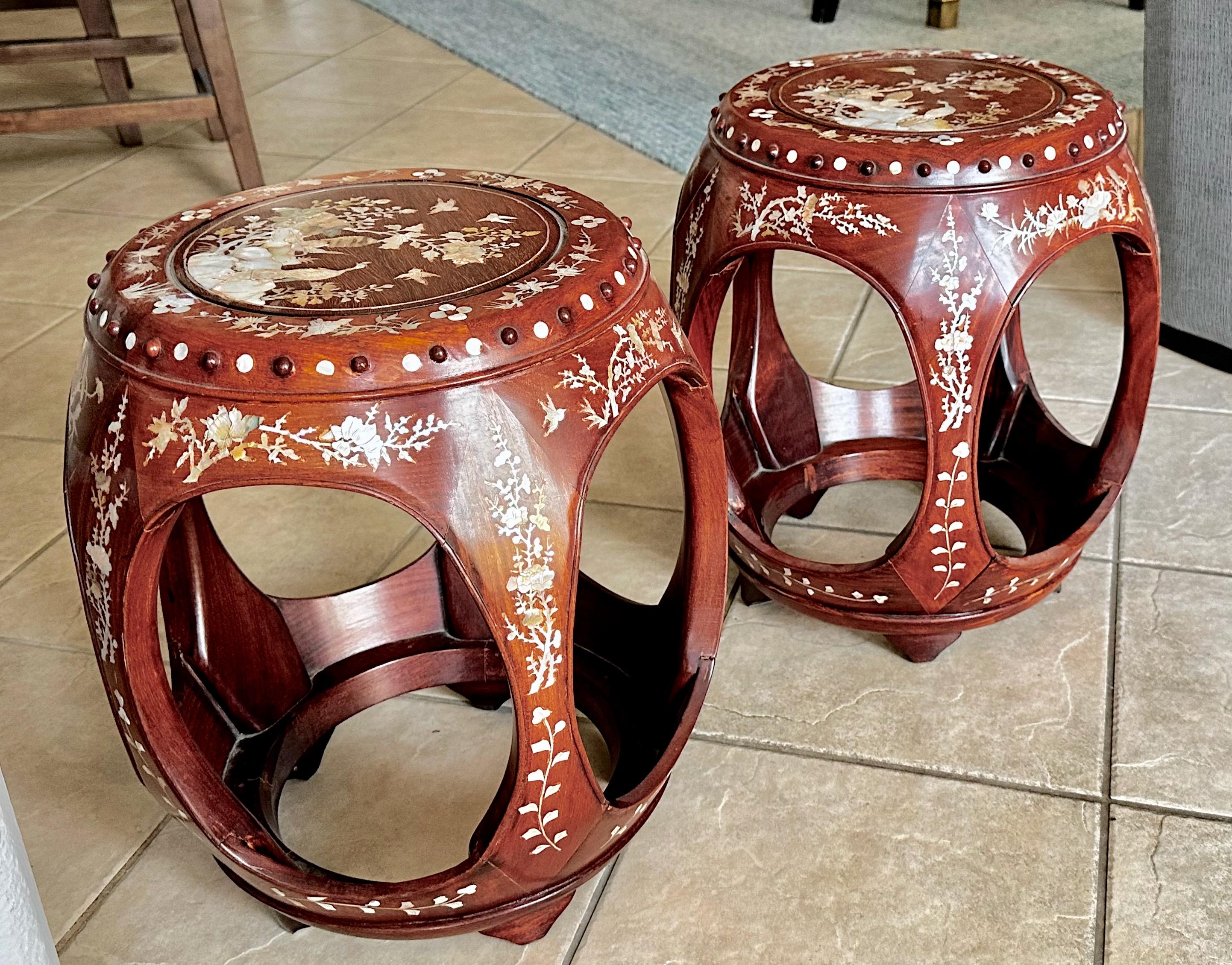 Pair Chinese Rosewood Mother Pearl Inlaid Garden Seat Stools For Sale 2