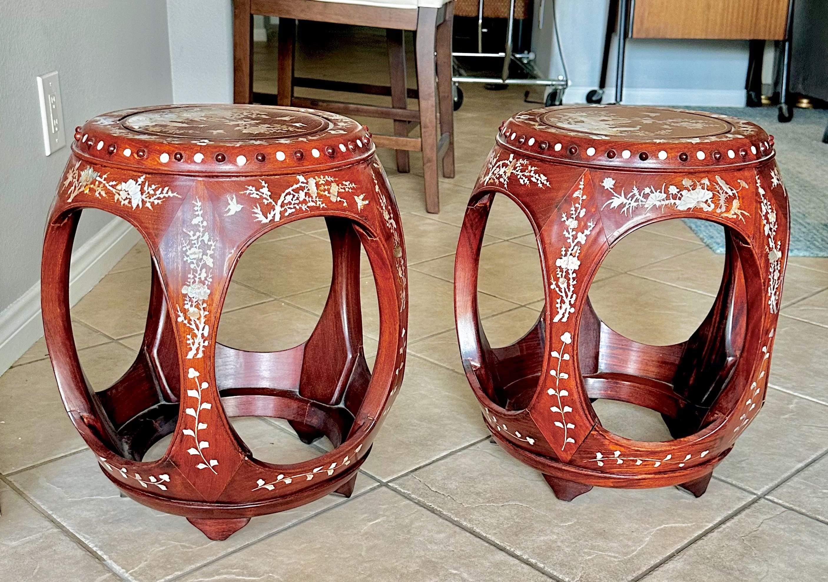 Pair Chinese Rosewood Mother Pearl Inlaid Garden Seat Stools For Sale 3