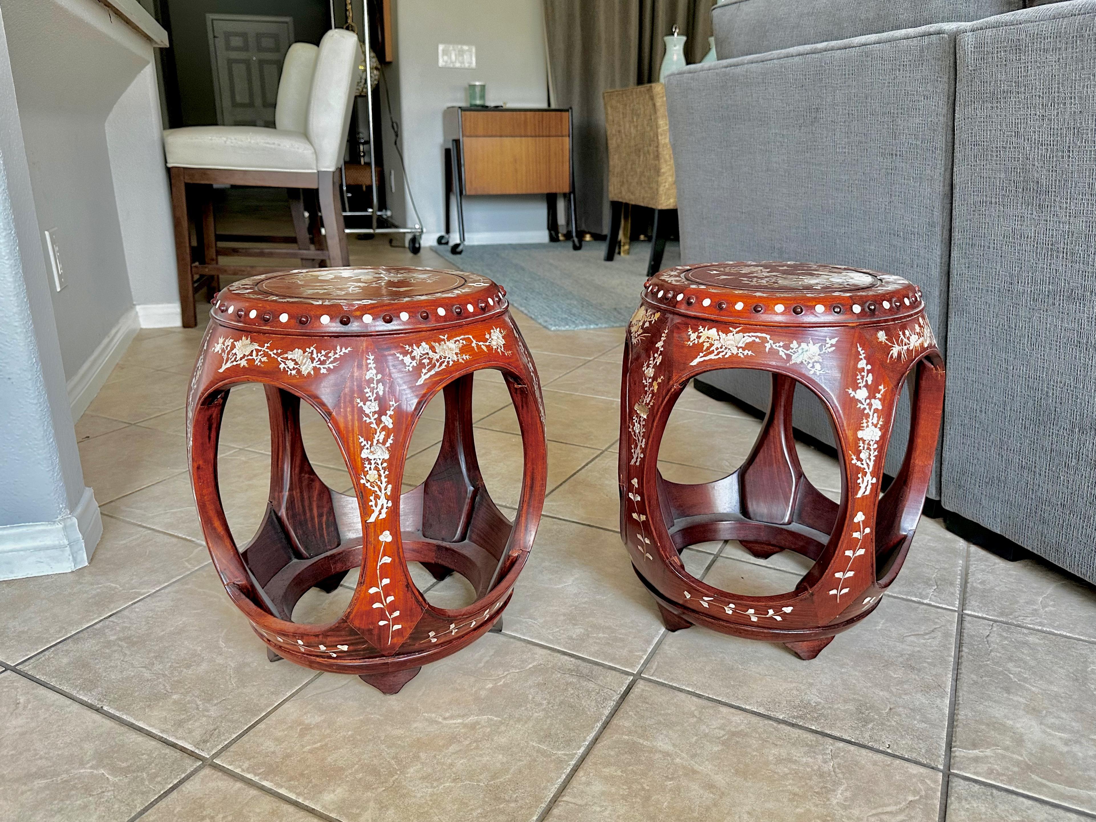 Pair Chinese Rosewood Mother Pearl Inlaid Garden Seat Stools For Sale 4