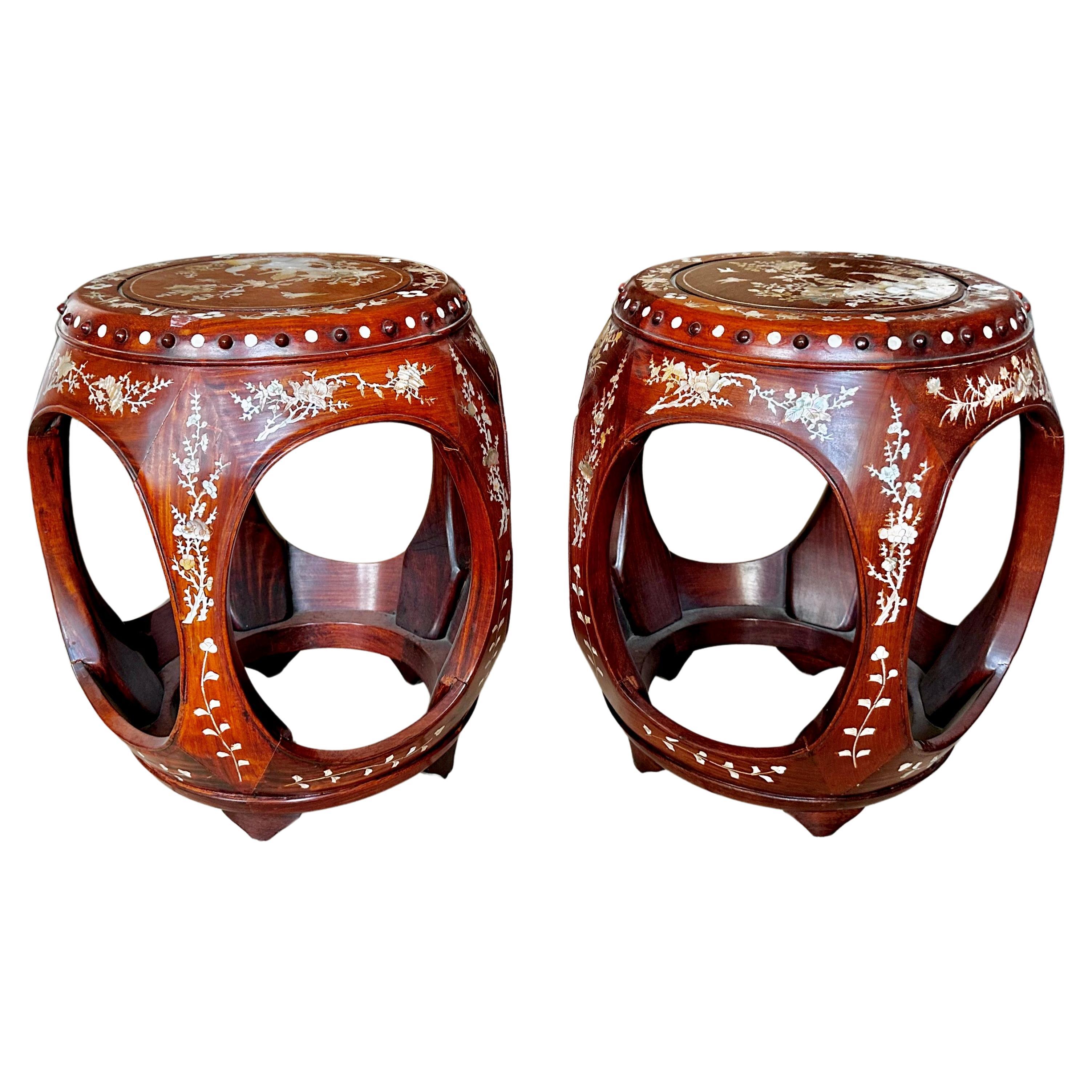 Pair Chinese Rosewood Mother Pearl Inlaid Garden Seat Stools For Sale