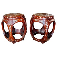 Pair Chinese Rosewood Mother Pearl Inlaid Garden Seat Stools