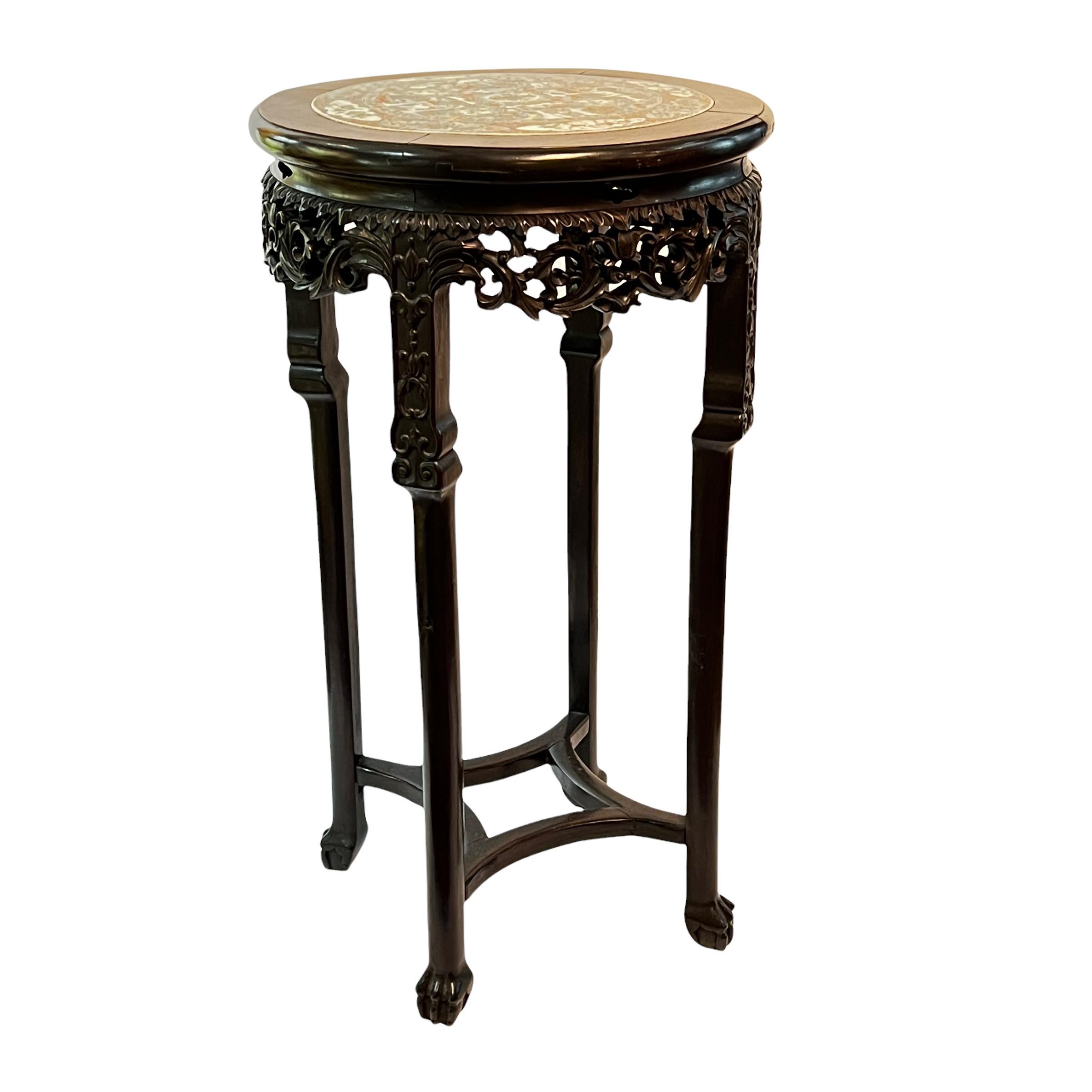 Hand-Carved Pair Chinese Rosewood Plant Stands with Famille Verte Porcelain Inserts