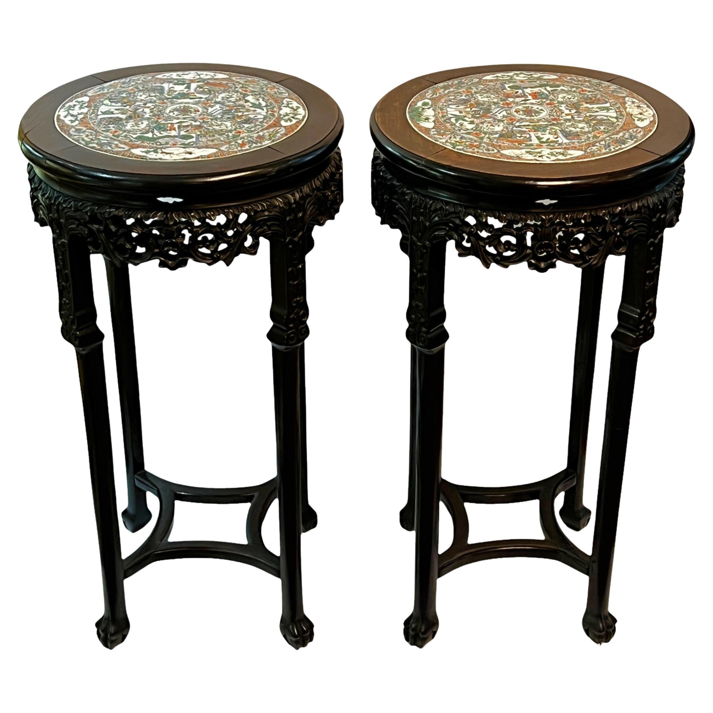 Pair Chinese Rosewood Plant Stands with Famille Verte Porcelain Inserts