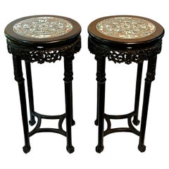 Pair Chinese Rosewood Plant Stands with Famille Verte Porcelain Inserts