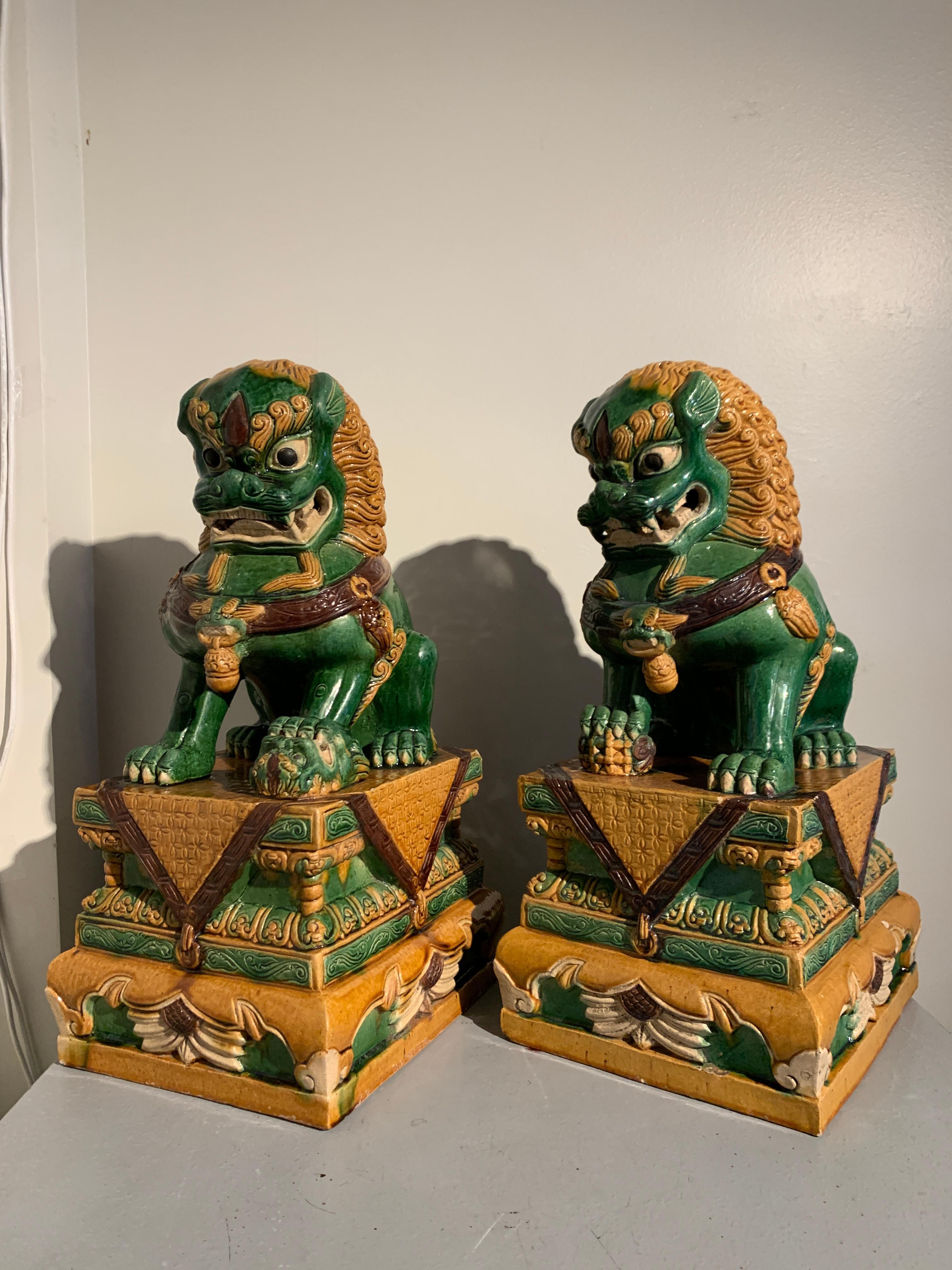 Qing Pair Chinese Sancai Glazed Stoneware Guardian Foo Lions, 1960s, China