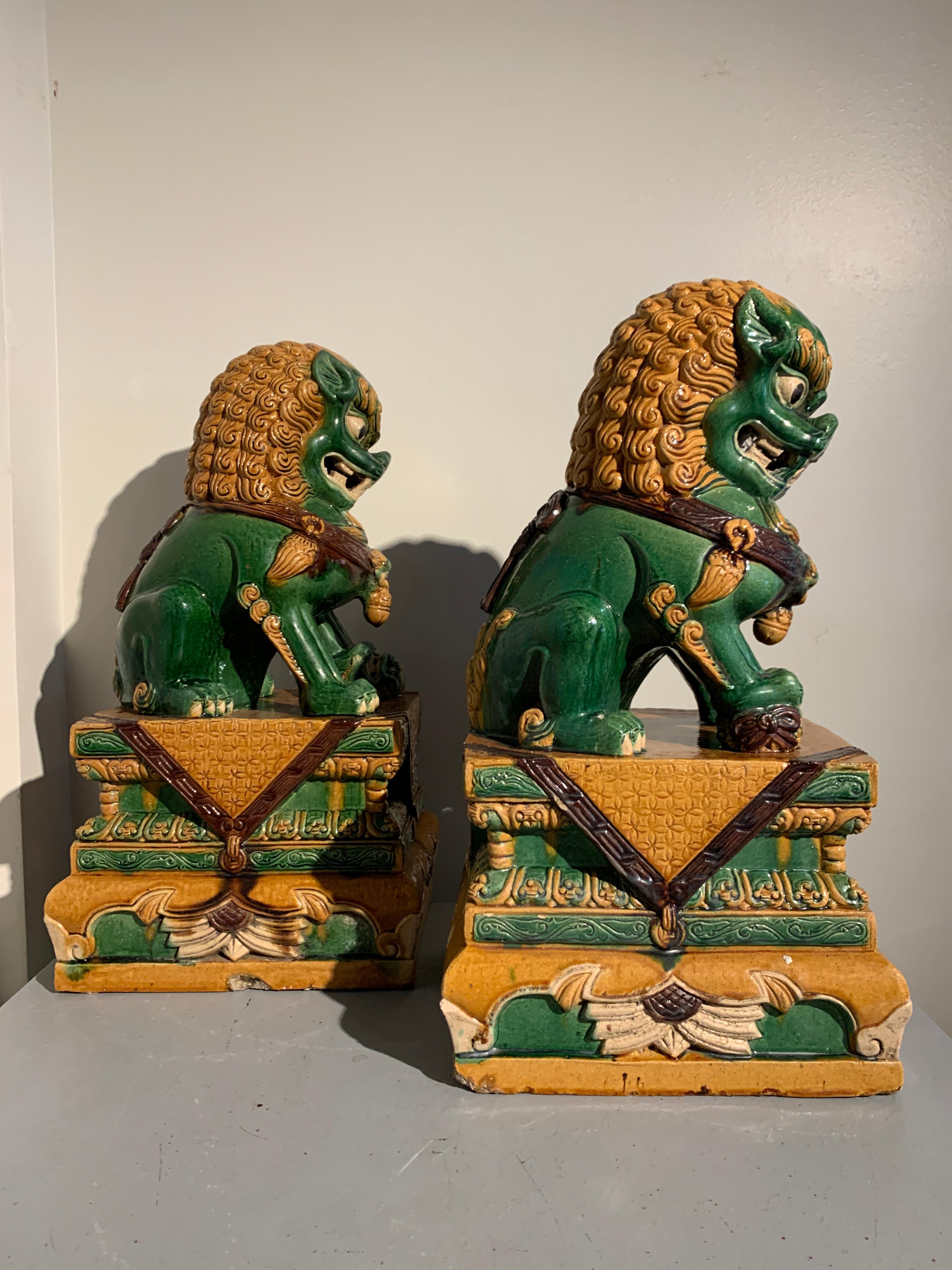 Pair Chinese Sancai Glazed Stoneware Guardian Foo Lions, 1960s, China 1