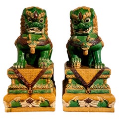 Pair Chinese Sancai Glazed Stoneware Guardian Foo Lions, 1960s, China